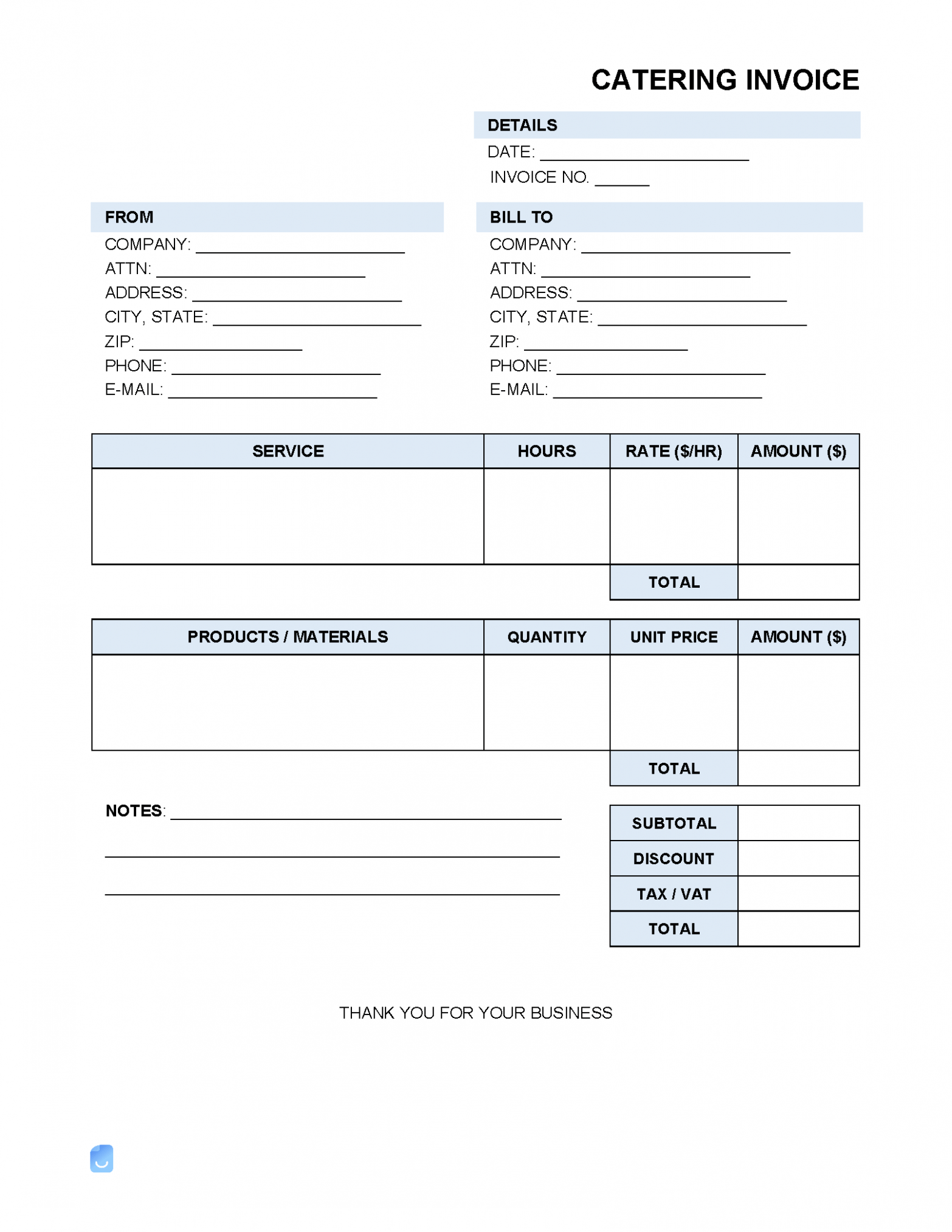 Printable Catering Service Invoice Template 