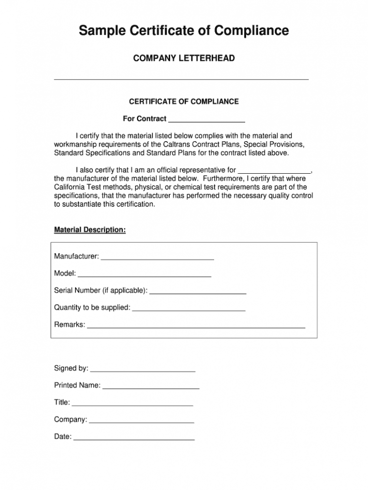 Editable Certificate Of Compliance Form Template Word