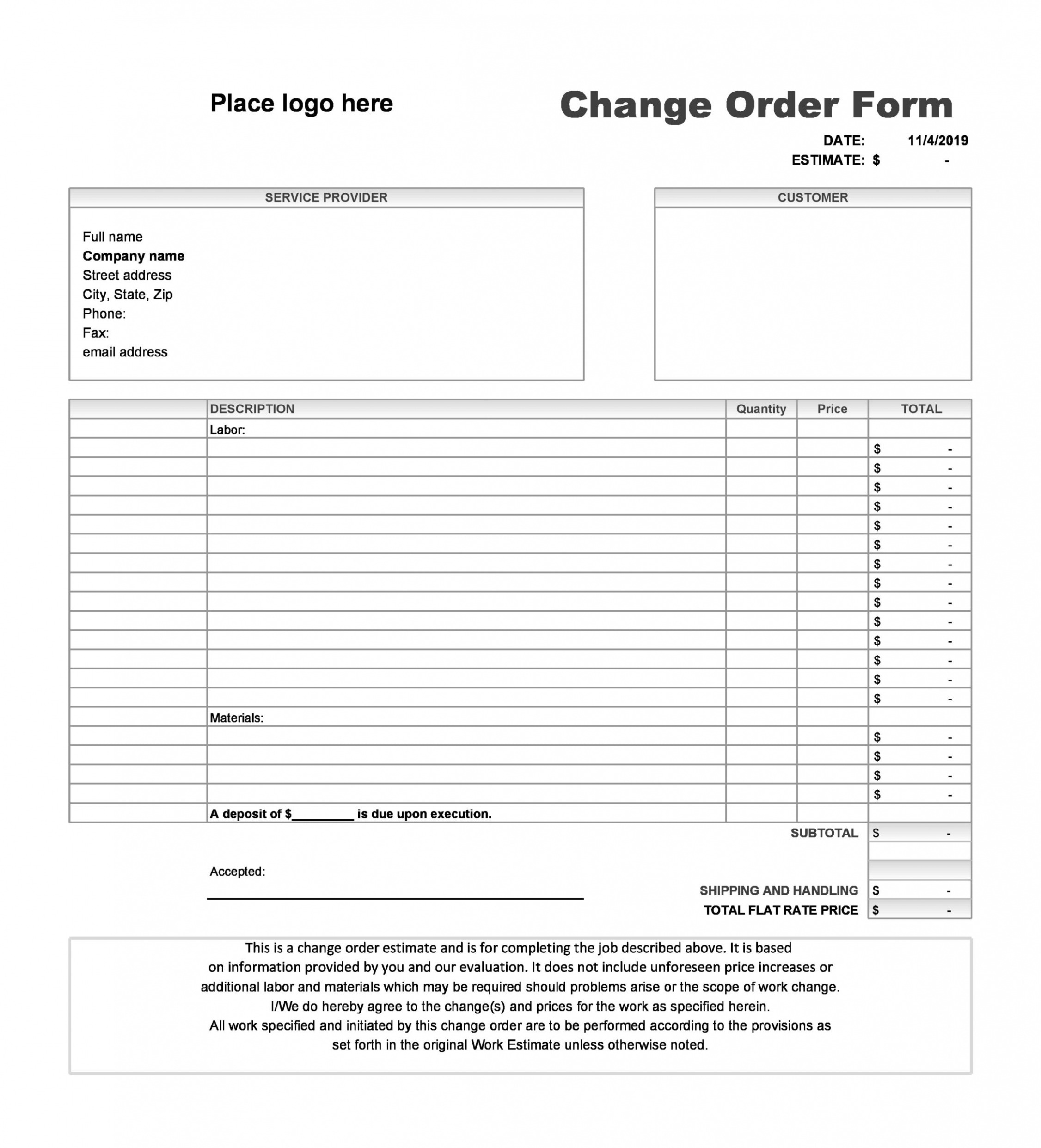 Editable Change Order Template For Construction Word