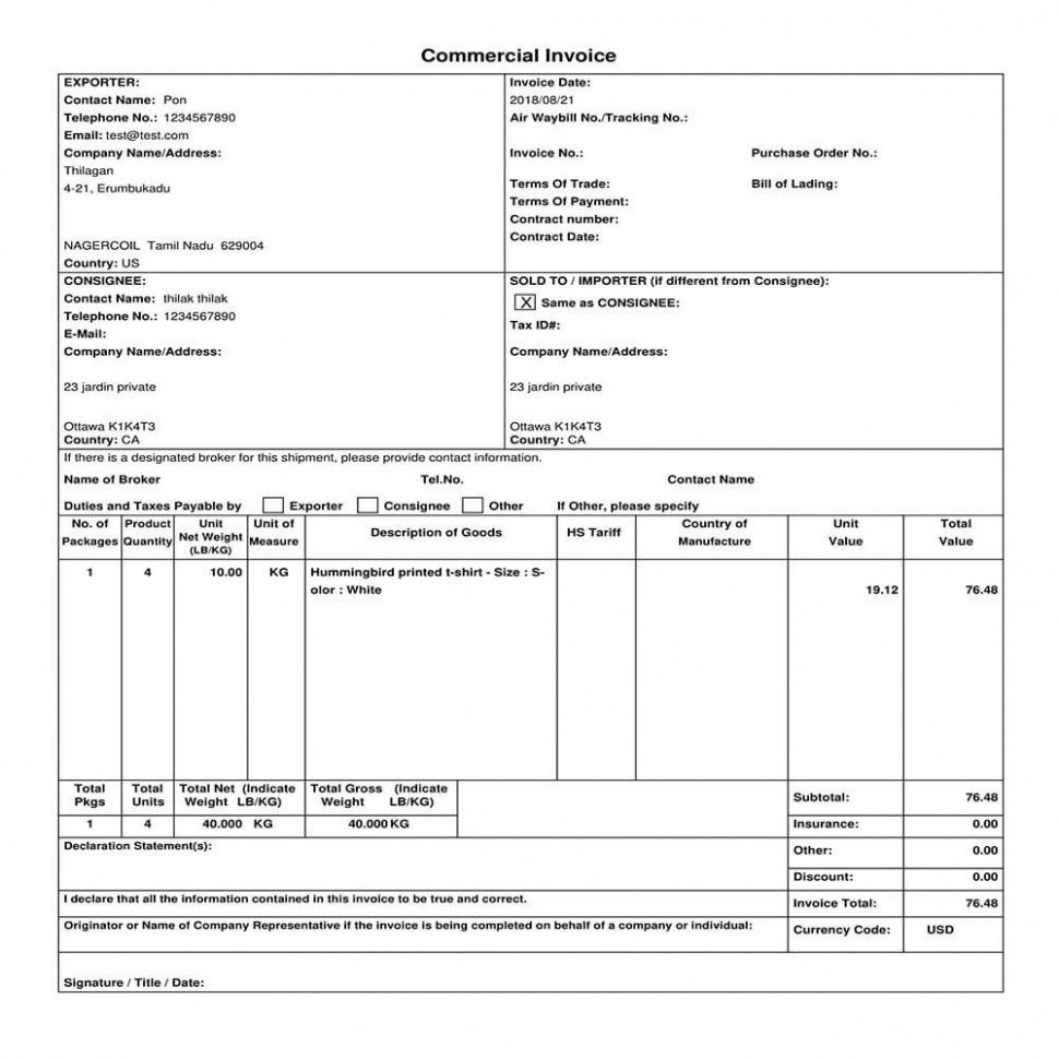 Sample China Commercial Invoice Template Excel