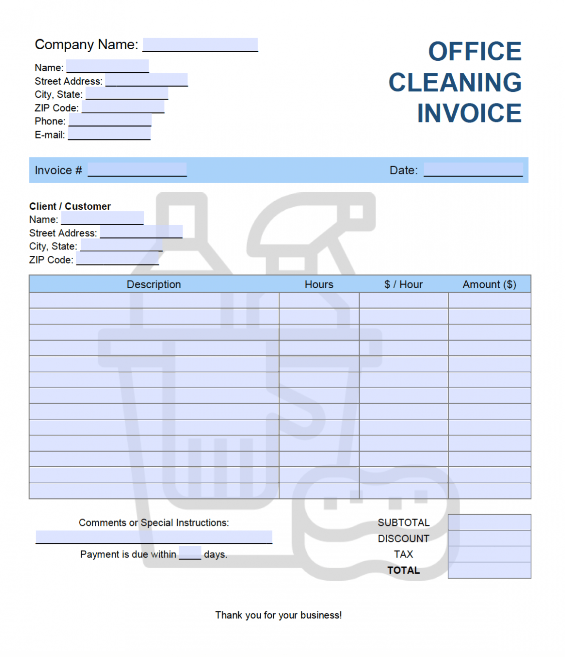 Printable Cleaning Company Invoice Template Doc