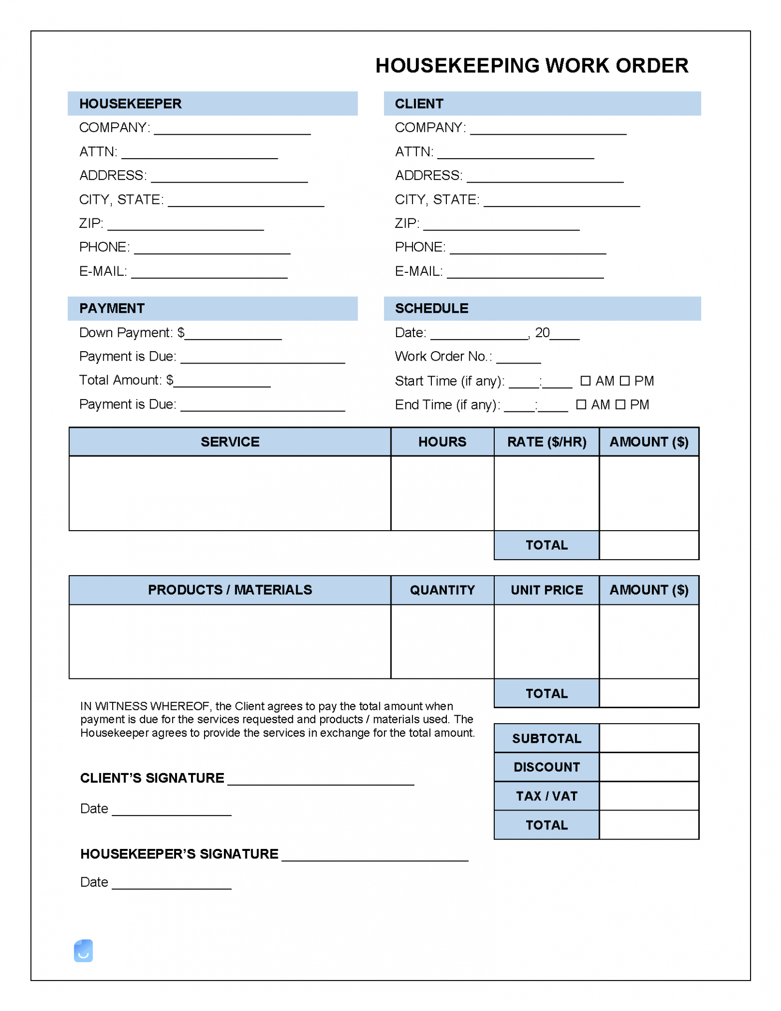 Printable Cleaning Service Work Order Template PDF