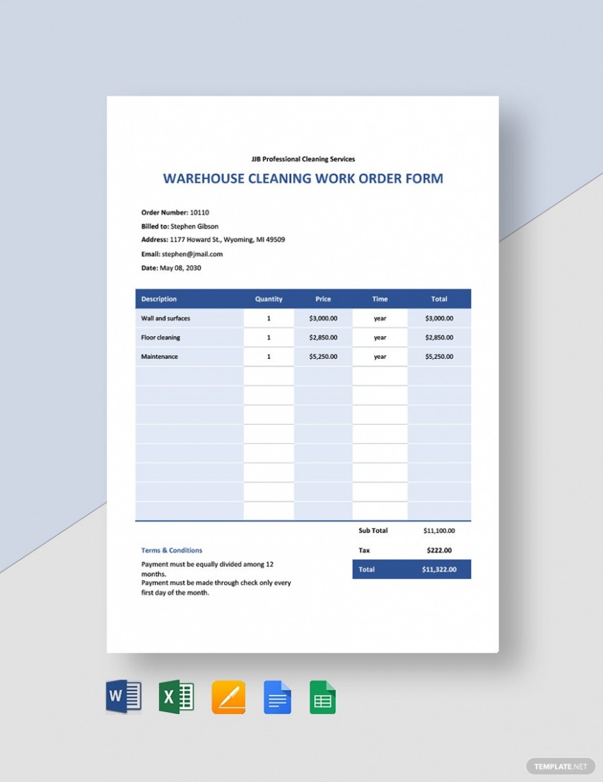 Editable Cleaning Service Work Order Template CSV