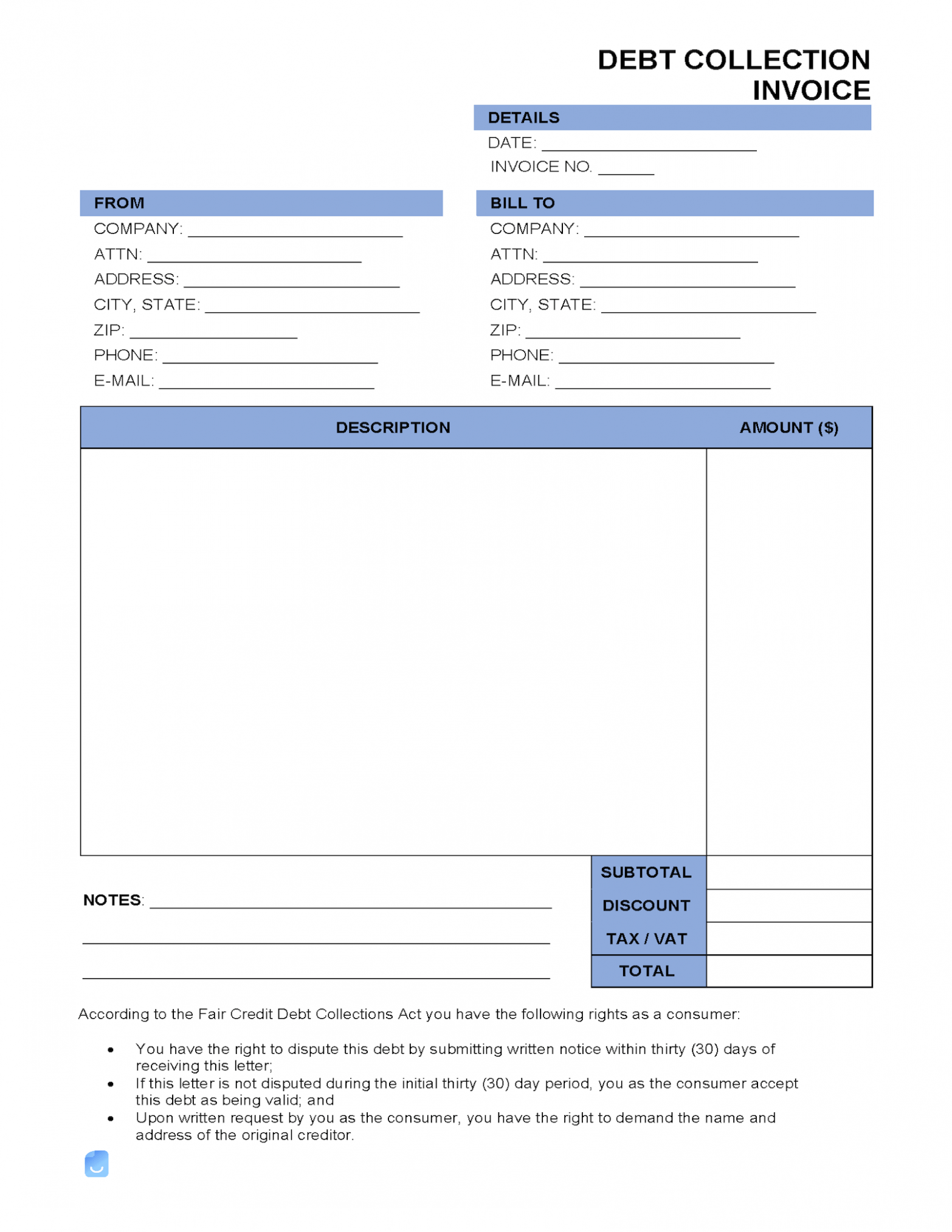 Printable Collection Invoice Template PDF