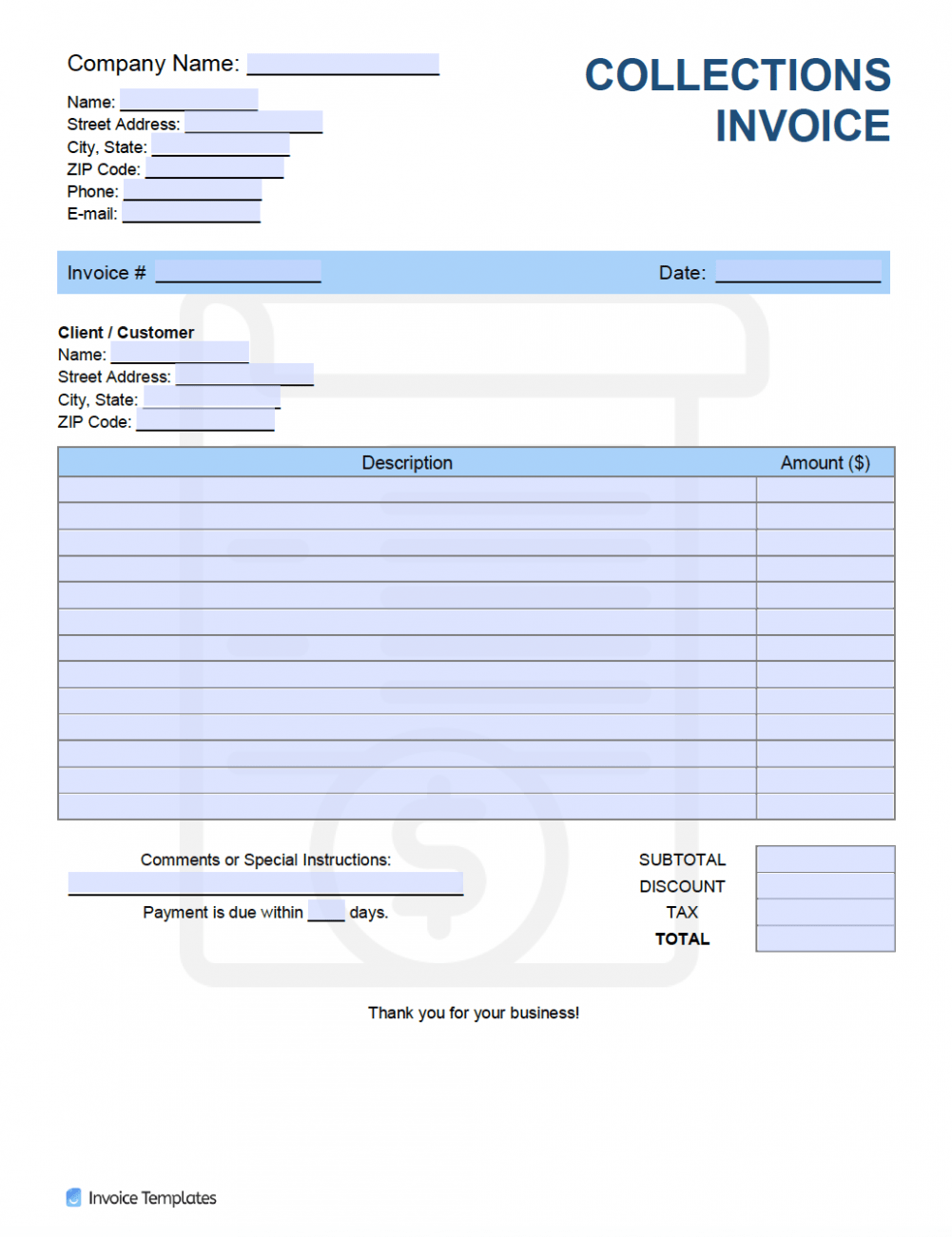 Editable Collection Invoice Template Excel
