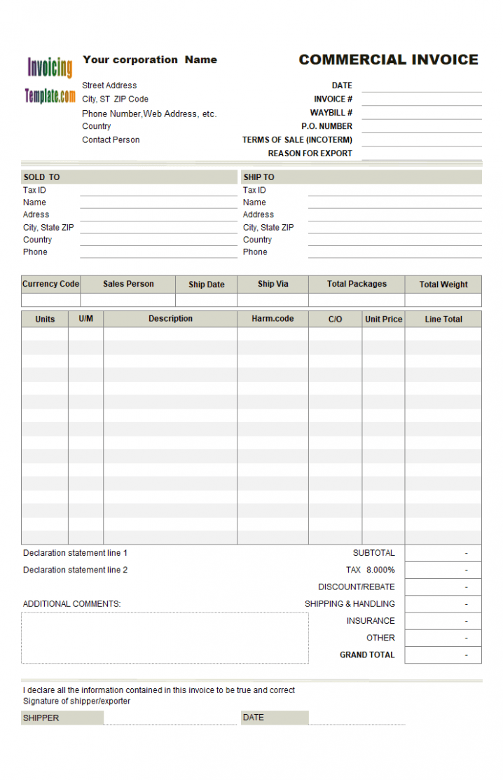 Sample Commercial Proforma Invoice Template Word