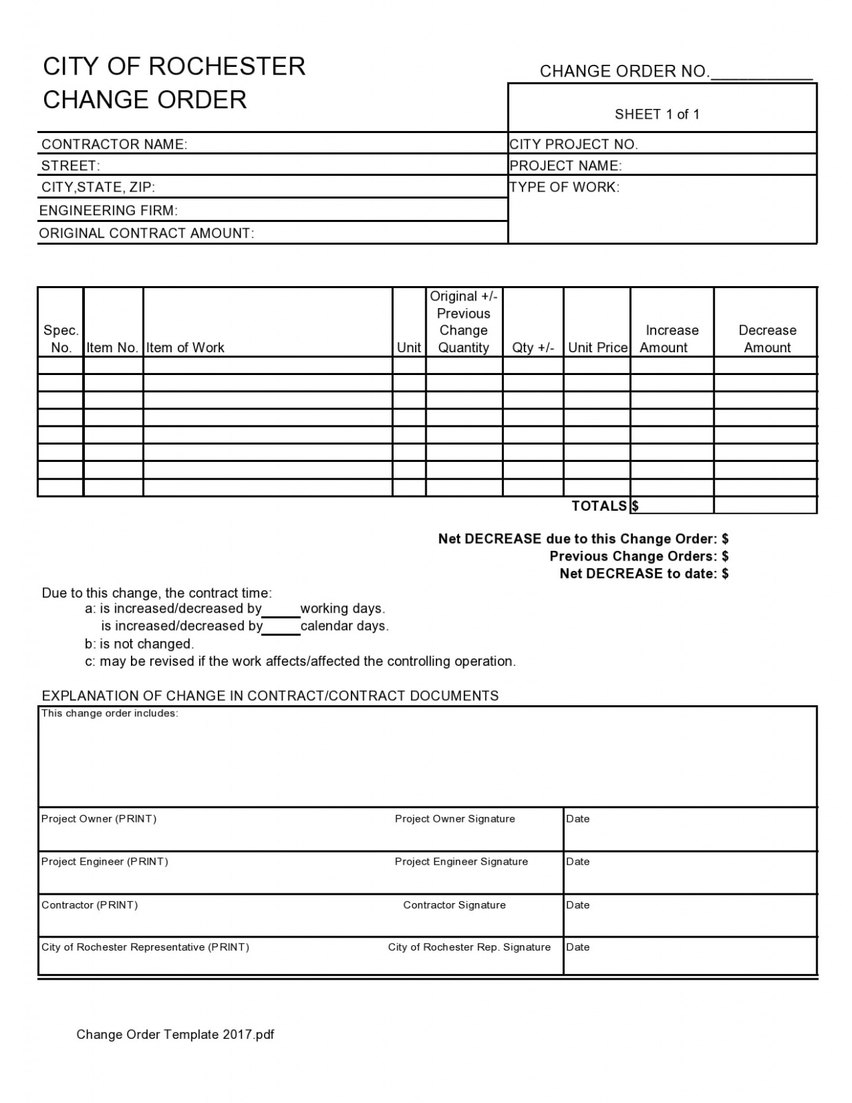 Sample Contract Change Order Template Doc
