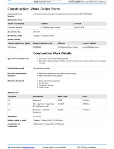 Printable Contractor Work Order Template Excel