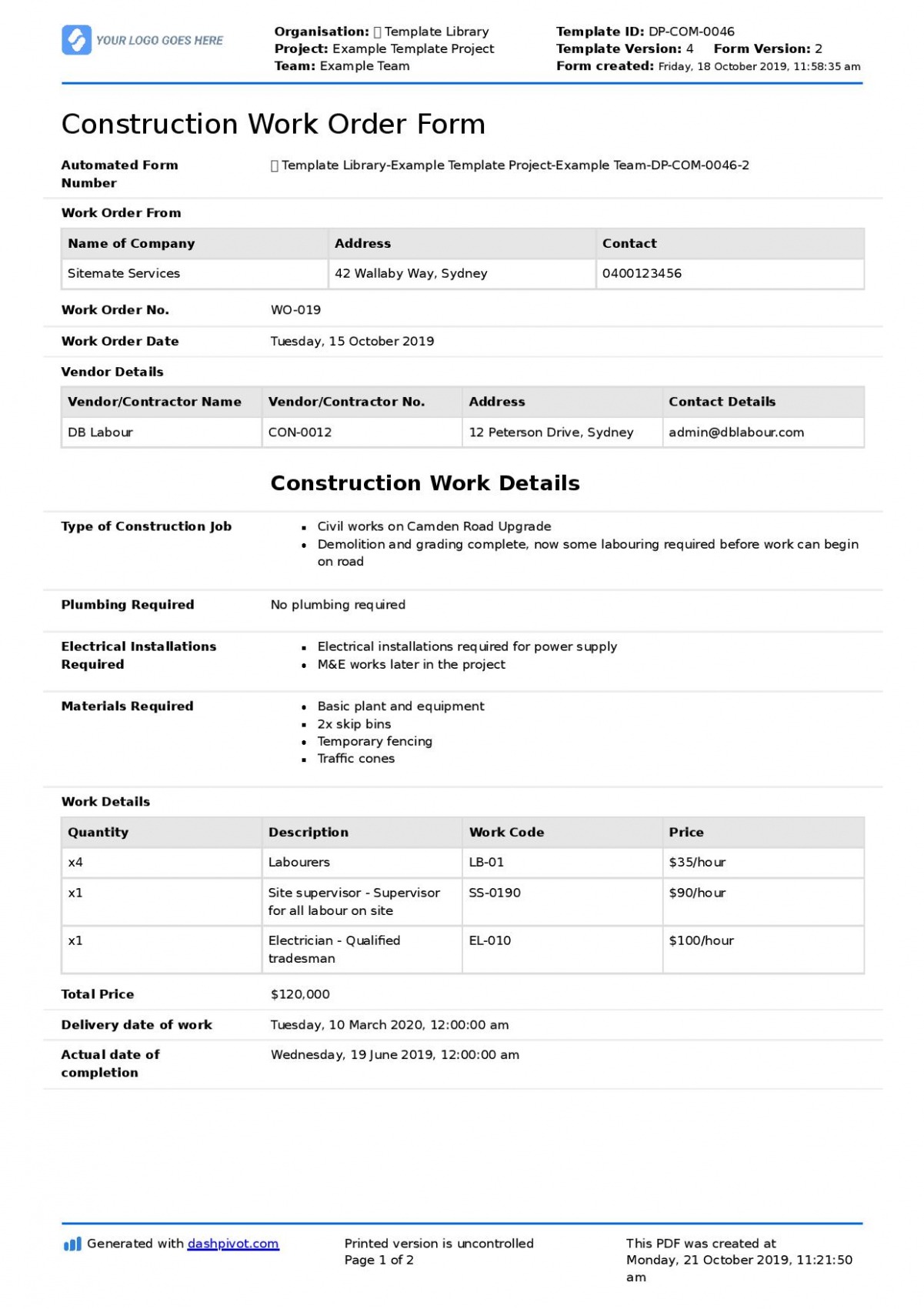 Sample Contractor Work Order Template Docs