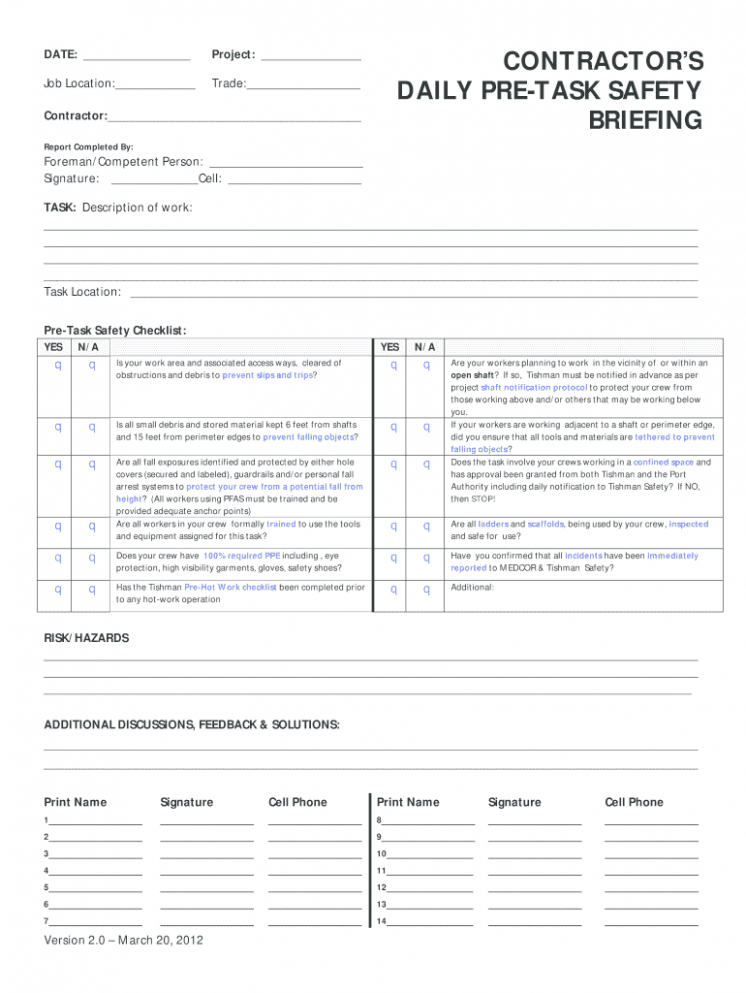  Daily Pre Task Safety Plan Template Sample