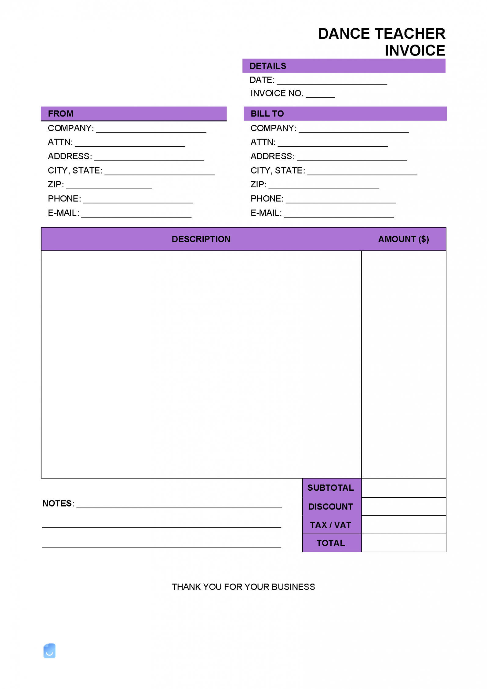 Printable Dance Teacher Invoice Template 