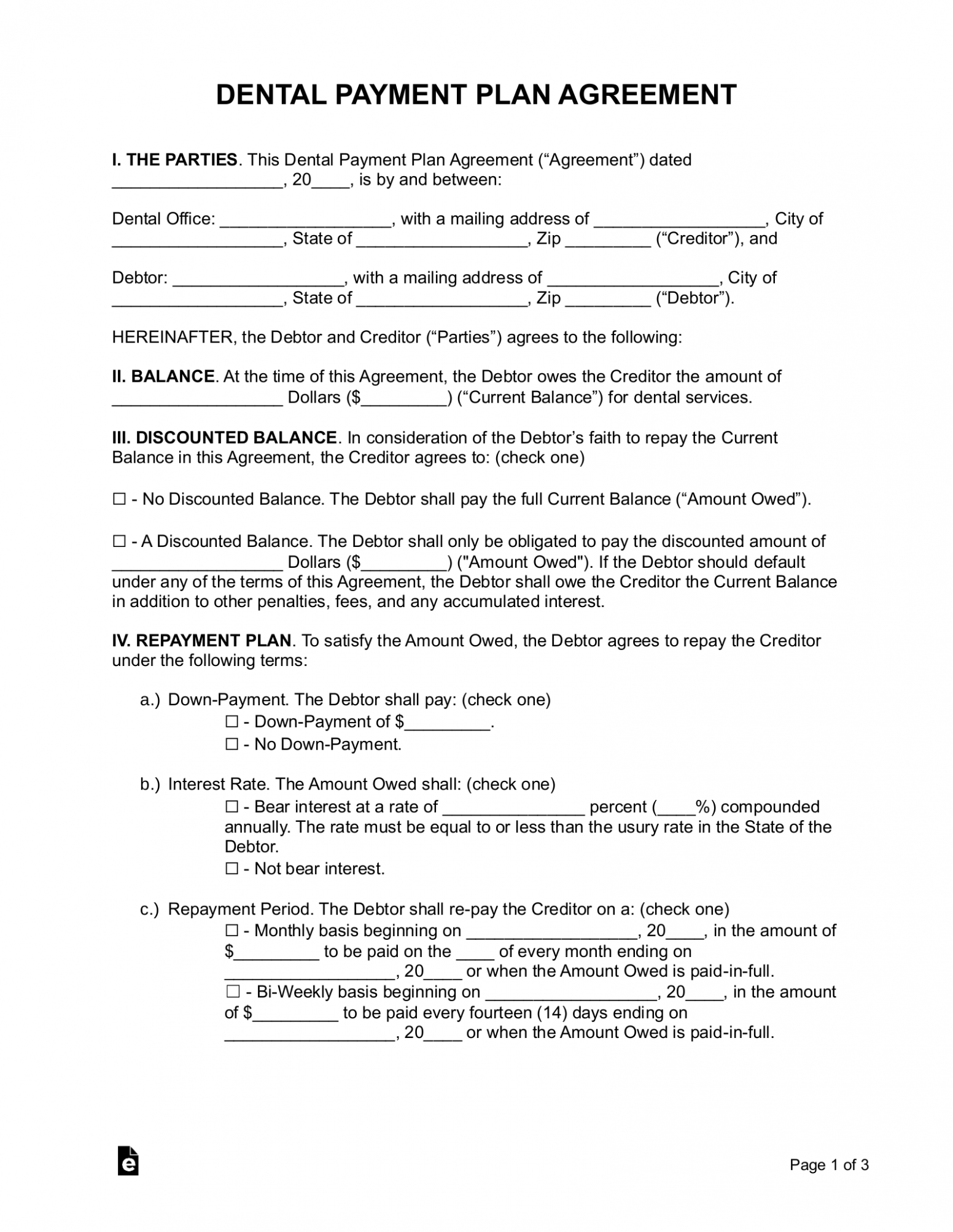 Printable Dental Payment Plan Agreement Template CSV