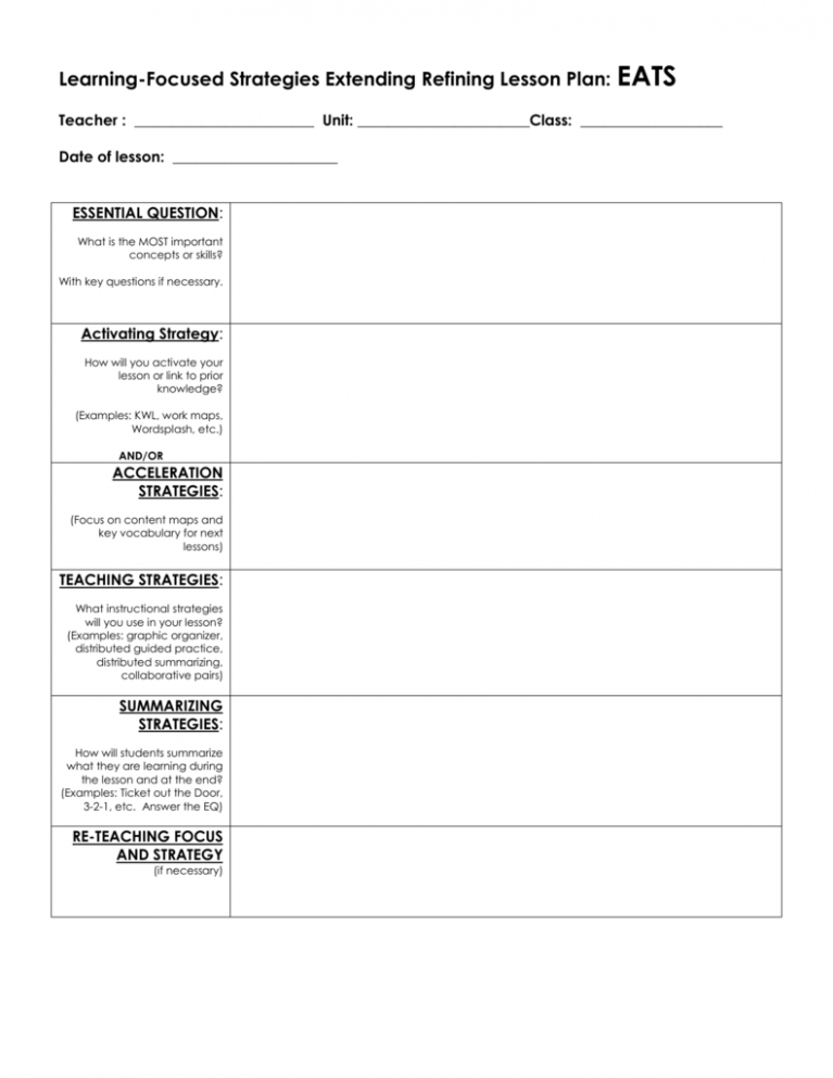 Editable Eats Lesson Plan Template CSV