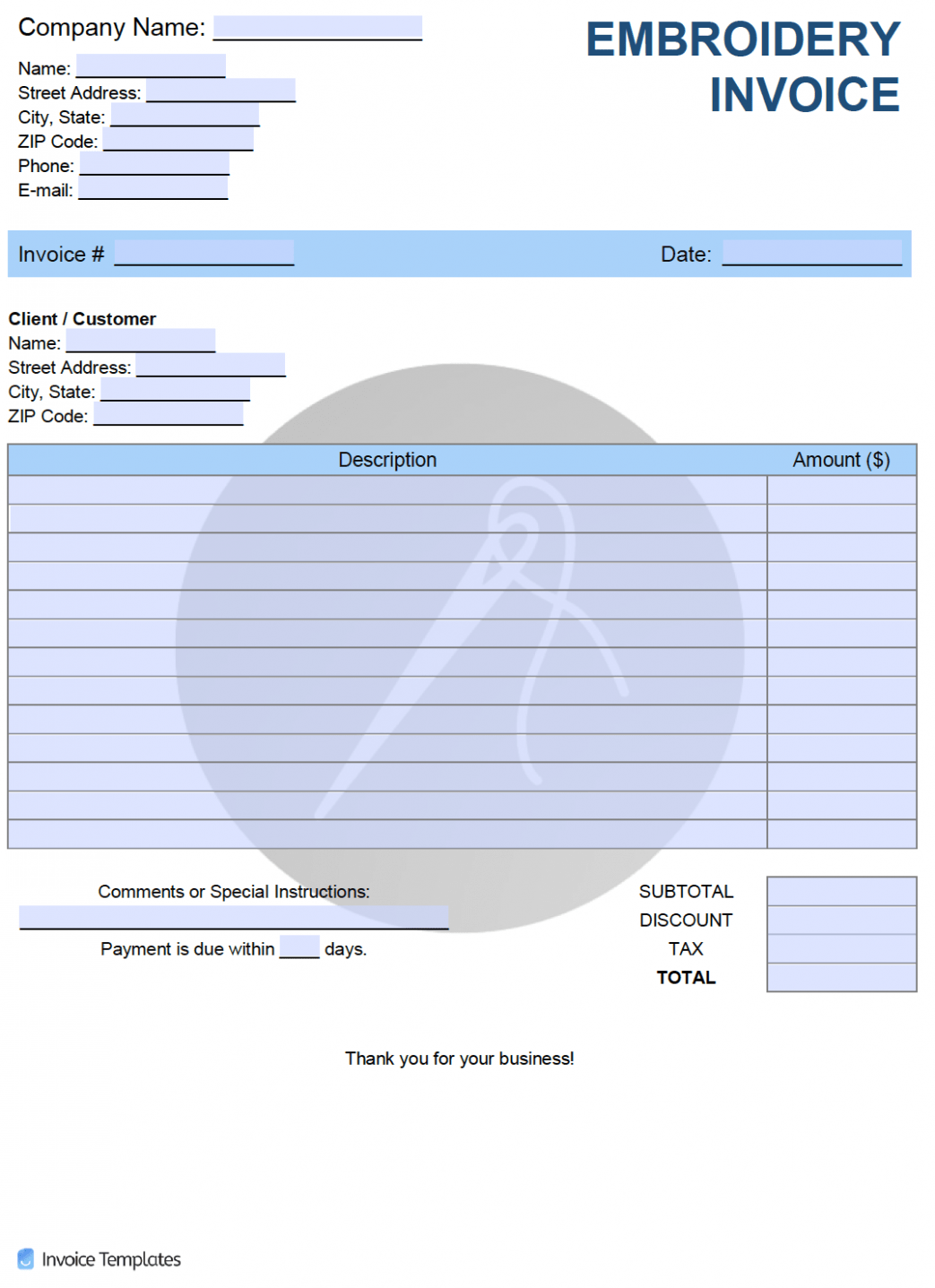 Printable Embroidery Invoice Template Doc