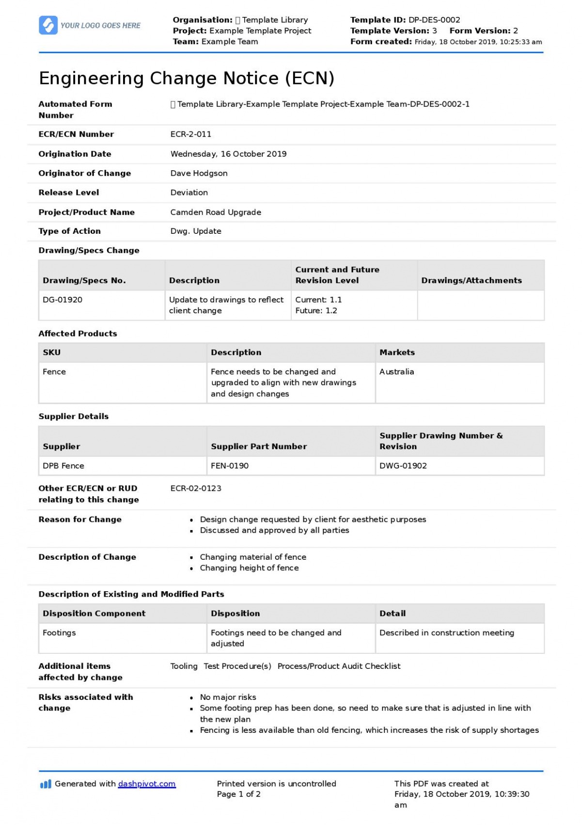 Sample Engineering Change Order Template PDF