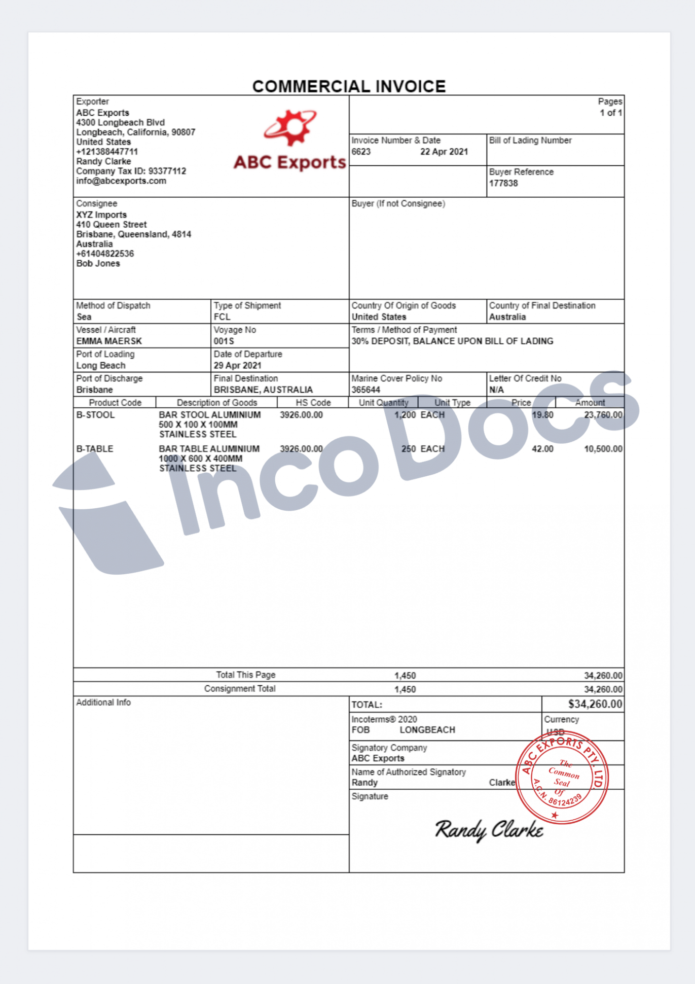 Editable Export Commercial Invoice Template 