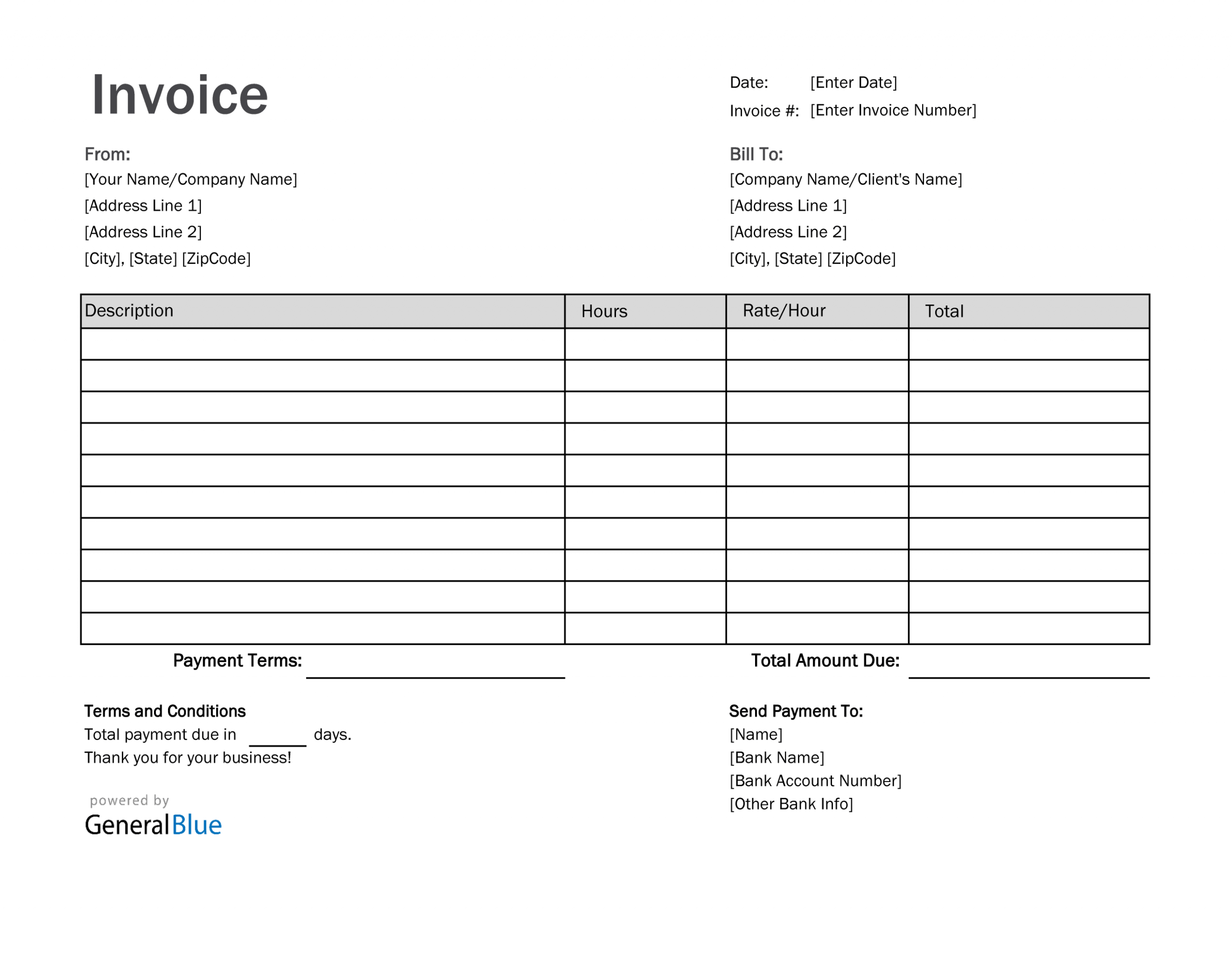 Printable Freelance Hourly Invoice Template Word