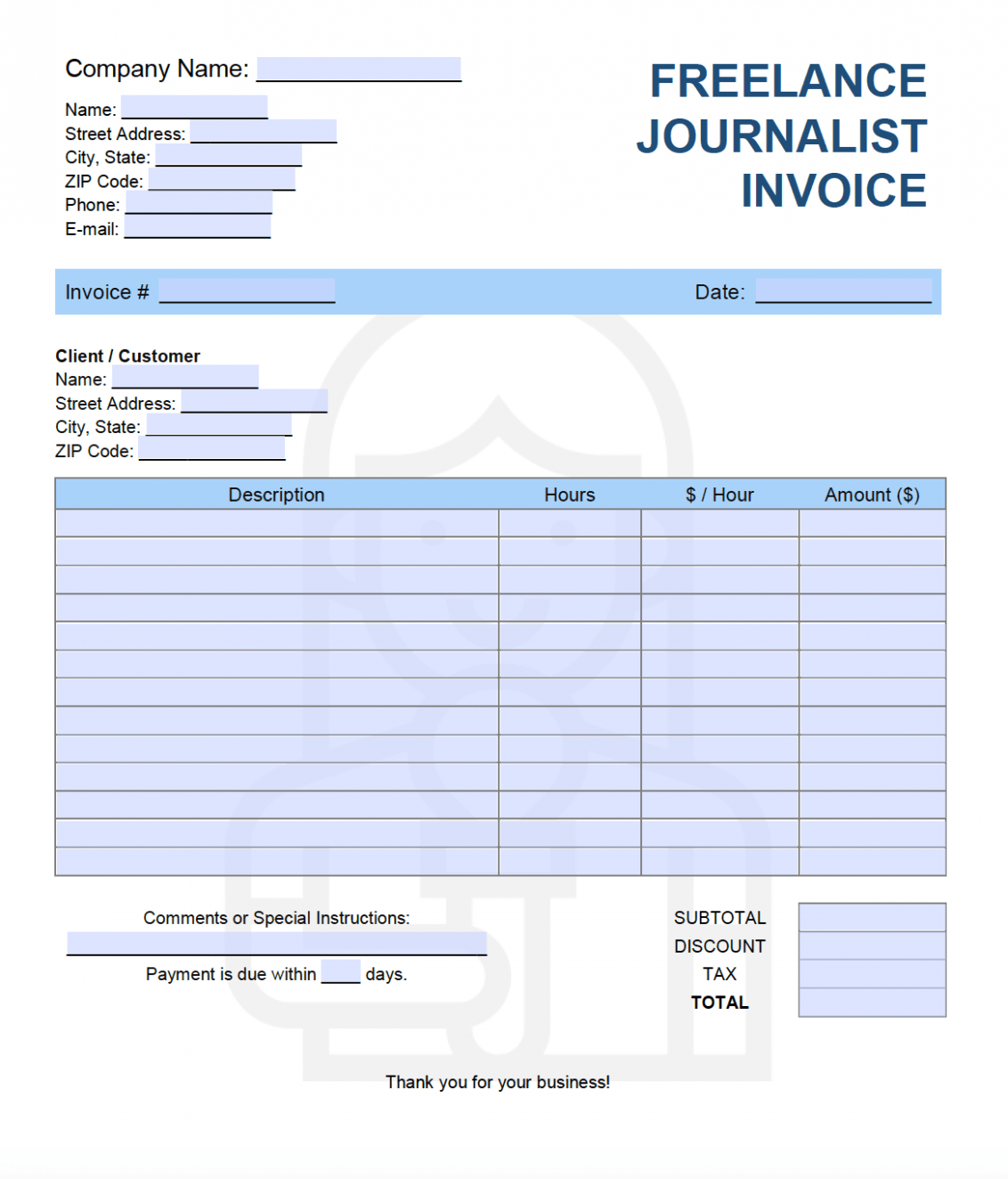 Printable Freelance Writer Invoice Template Doc