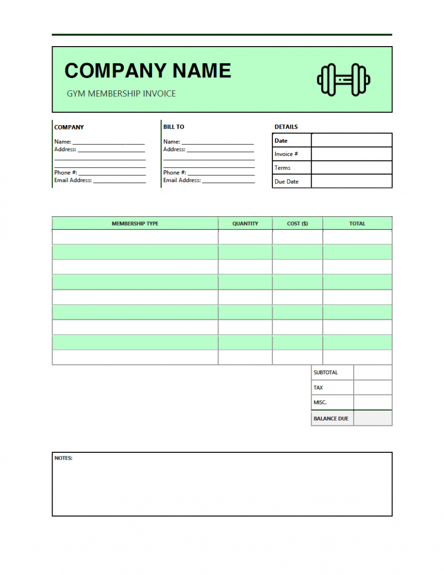 Sample Gym Membership Invoice Template PPT