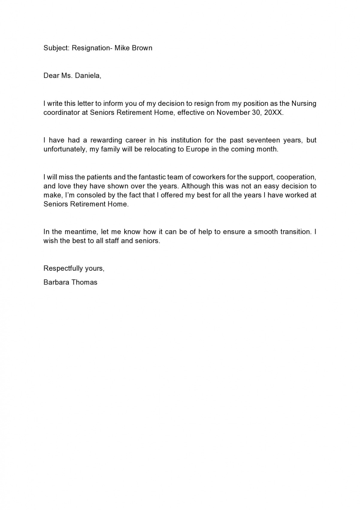 Free Home Care Nurse Resignation Letter Word