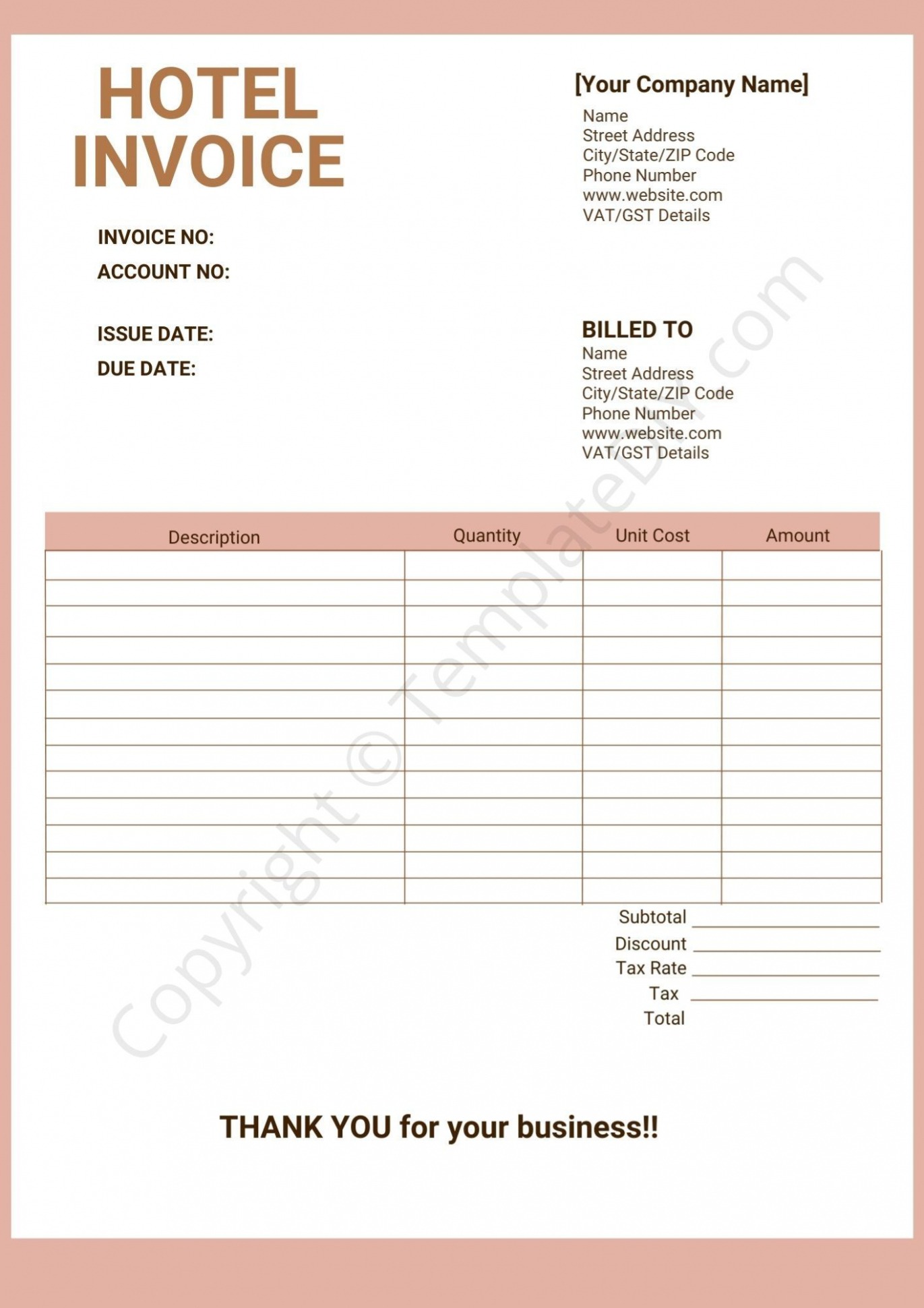 Editable Hotel Billing Invoice Template PDF