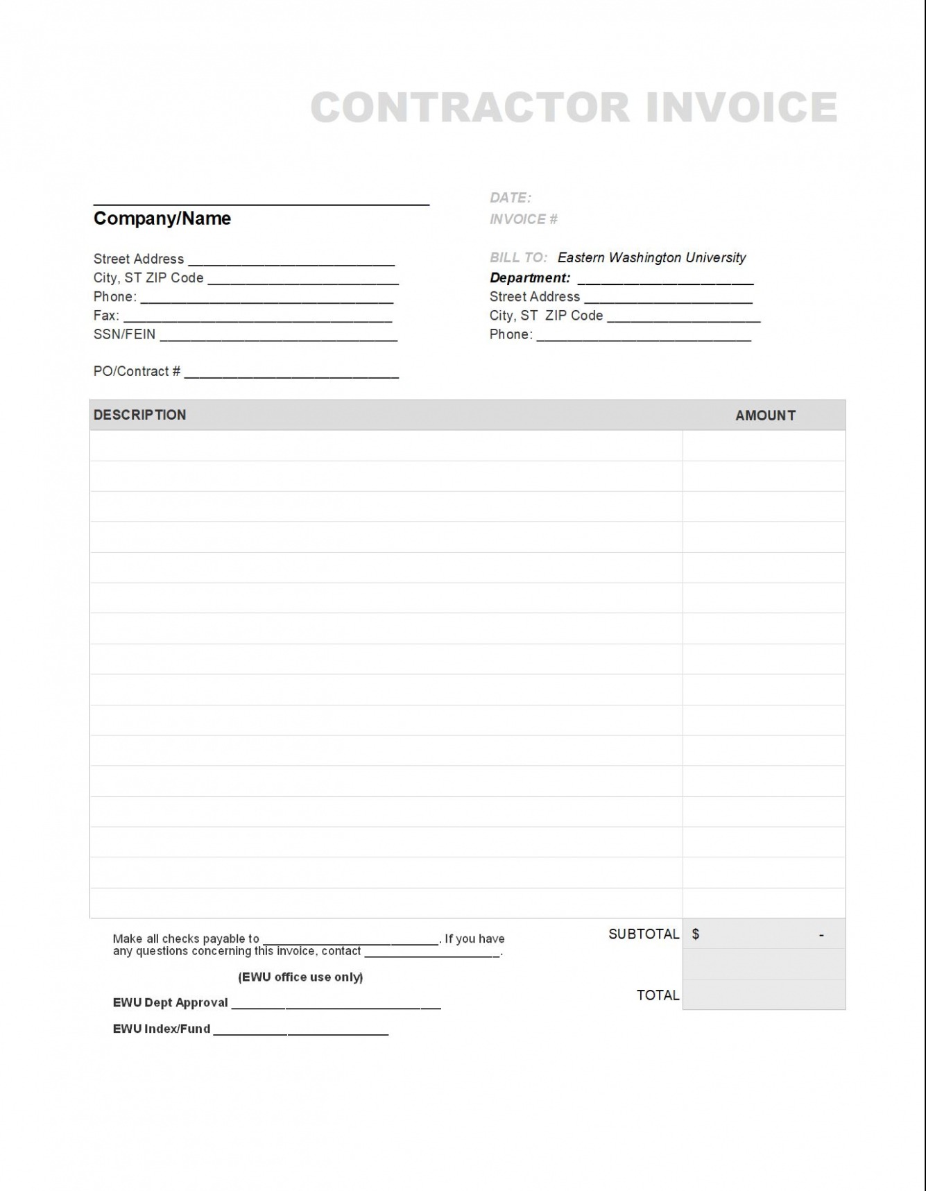 Printable Independent Contractor Billing Invoice Template Excel