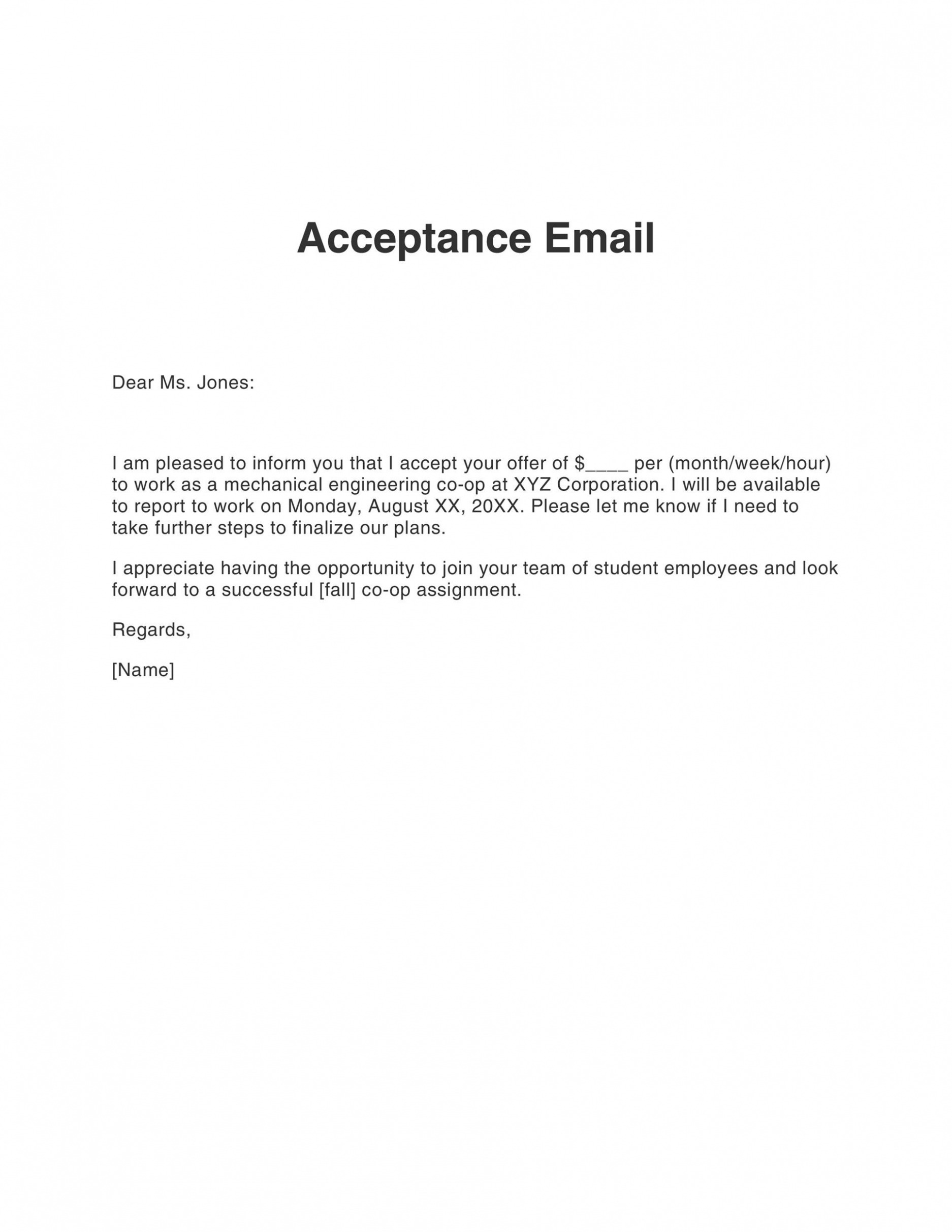 Editable Job Offer Acceptance Email Template CSV