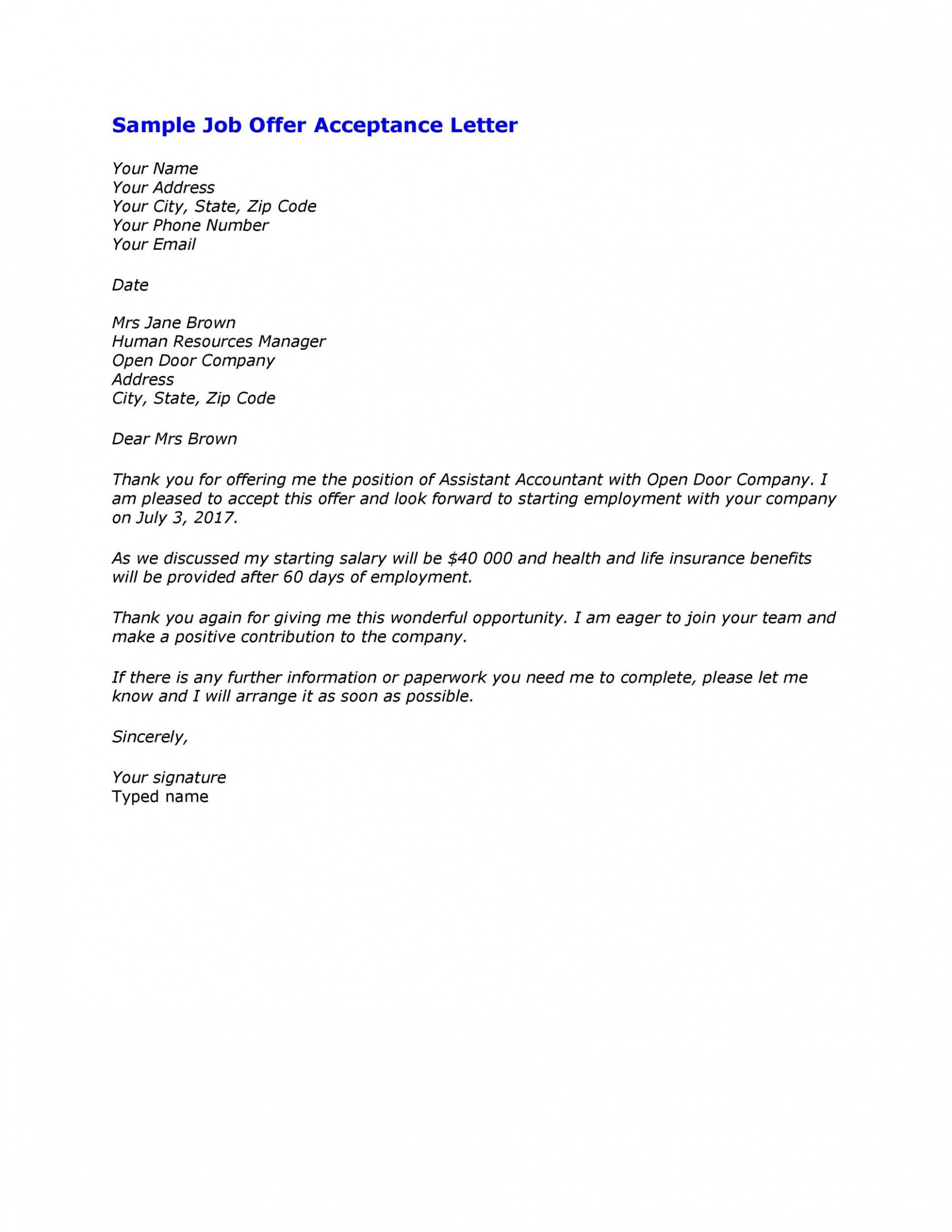 Free Job Offer Acceptance Letter Template Doc