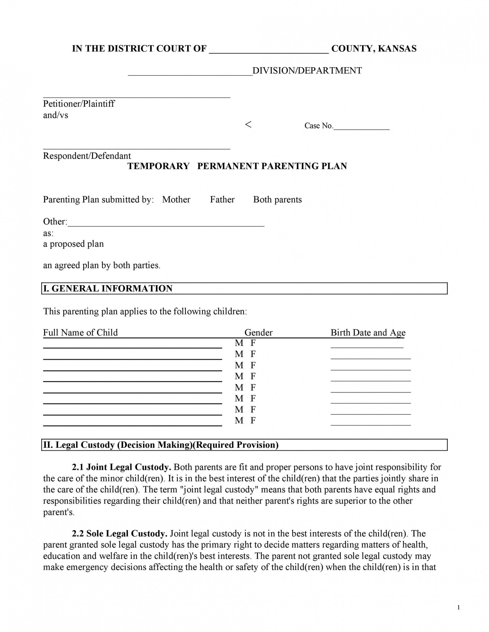 Free Joint Custody Parenting Plan Template Excel Free Joint Custody Parenting Plan Template Excel