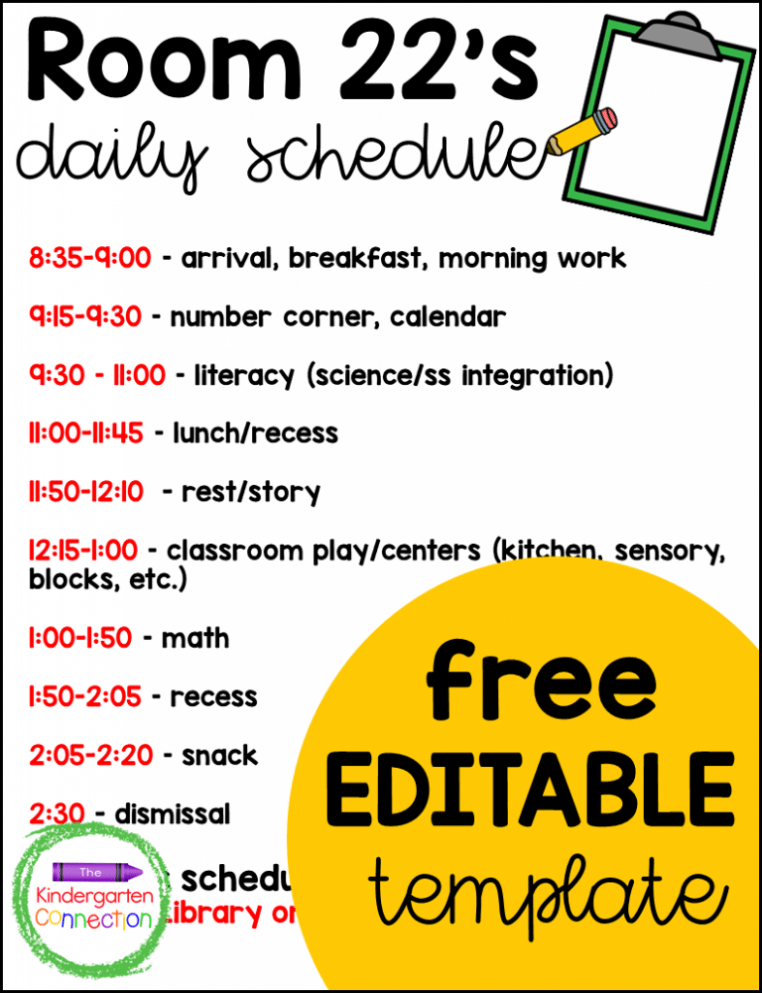 Printable Kindergarten Classroom Schedule Template Doc