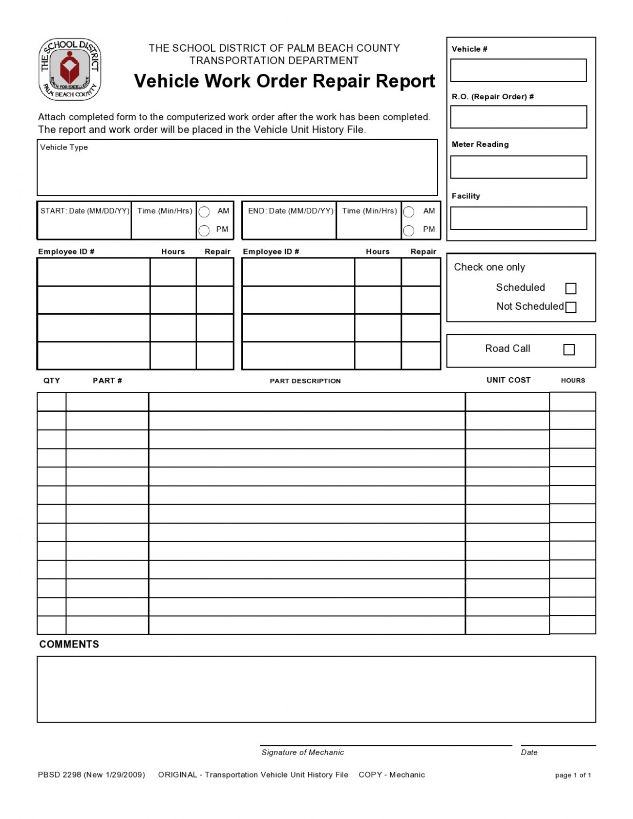 Printable Mechanic Shop Work Order Template PDF