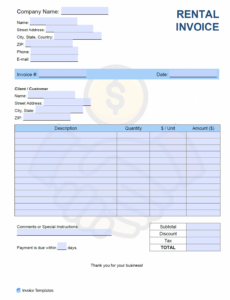 Printable Monthly Rent Invoice Template Excel