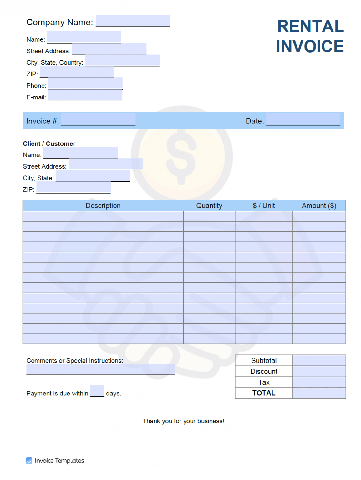 Printable Monthly Rent Invoice Template PDF Printable Monthly Rent Invoice Template PDF