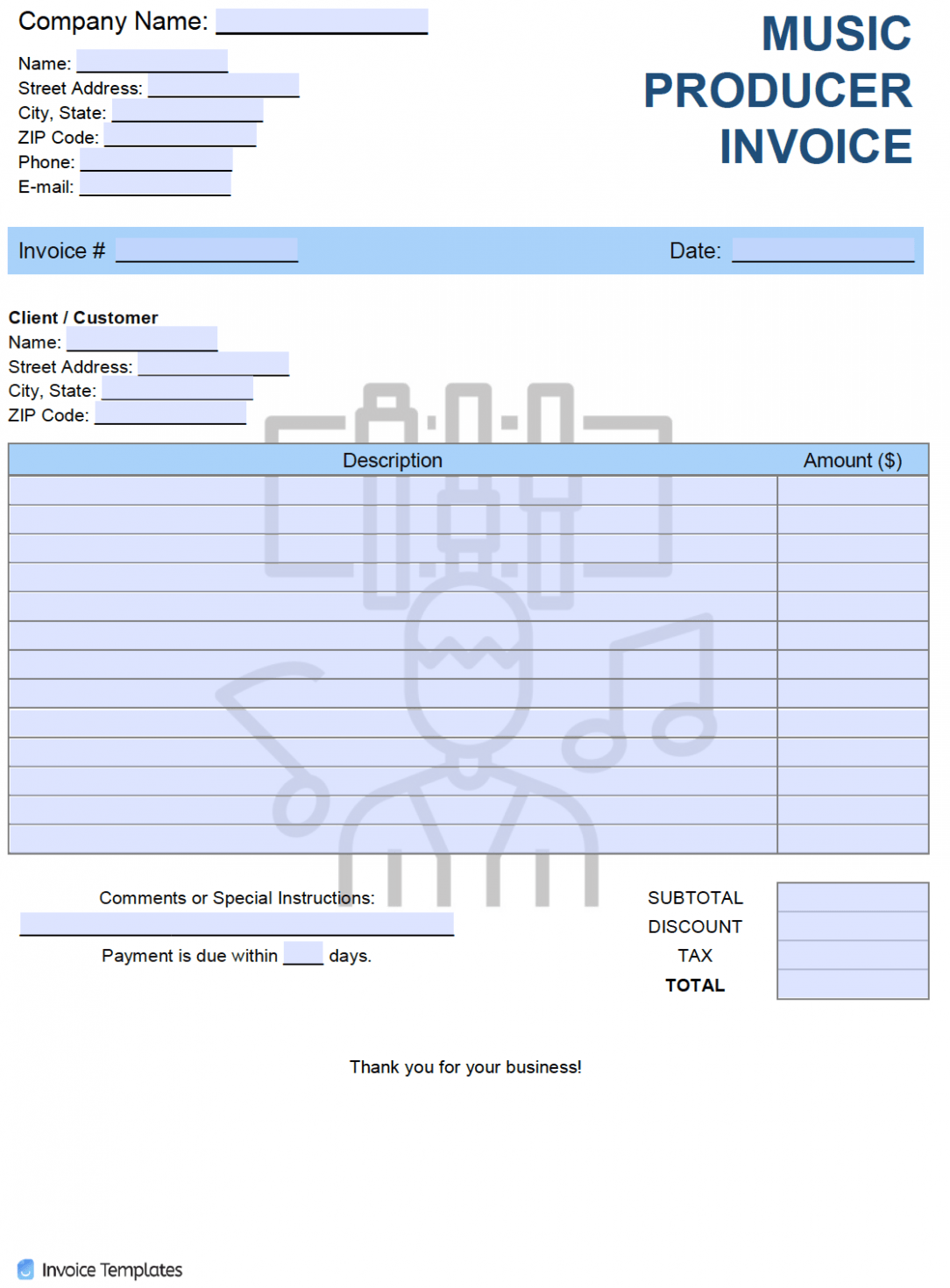 Editable Music Production Invoice Template Excel