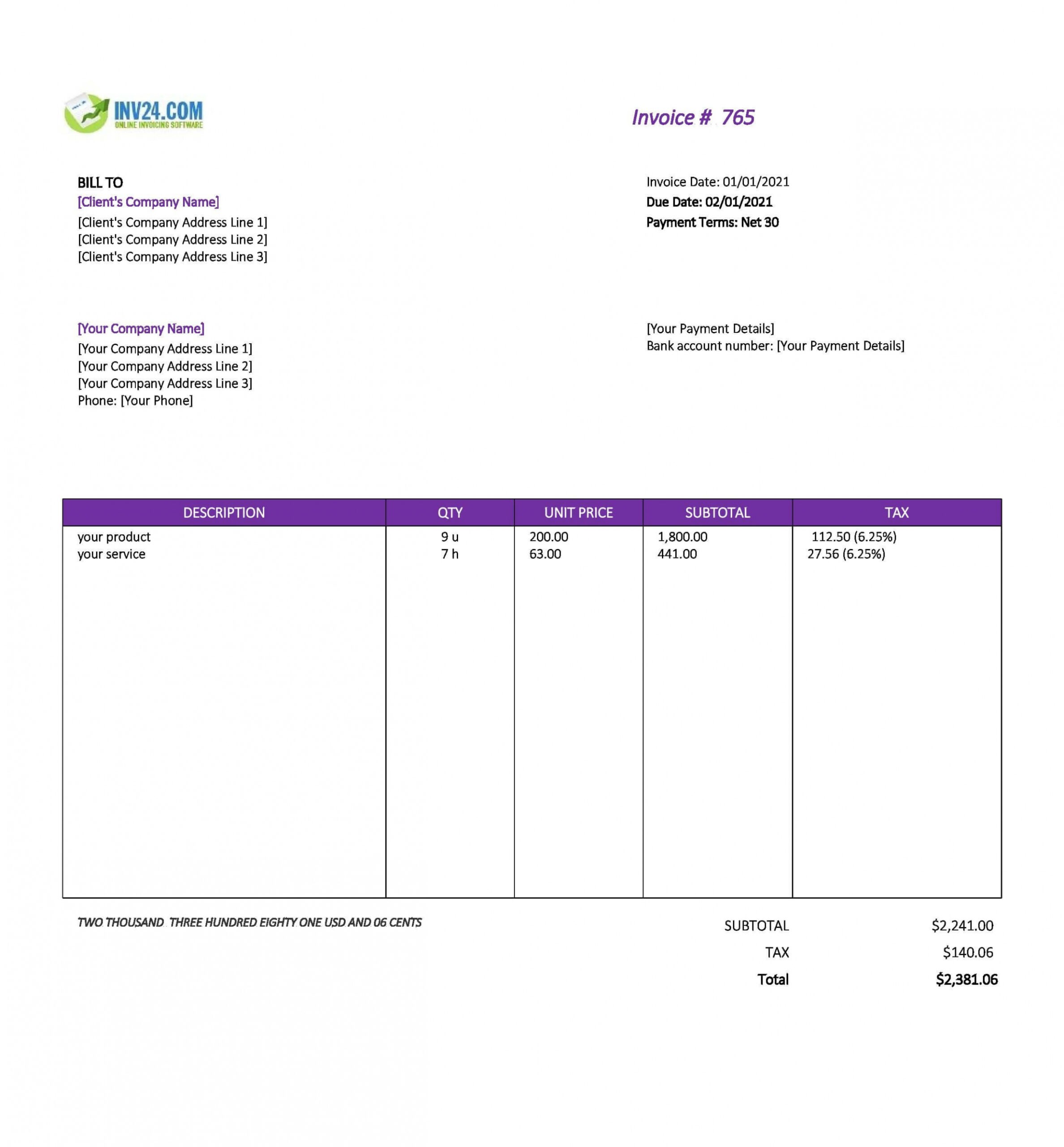 Printable Net 30 Invoice Template PDF