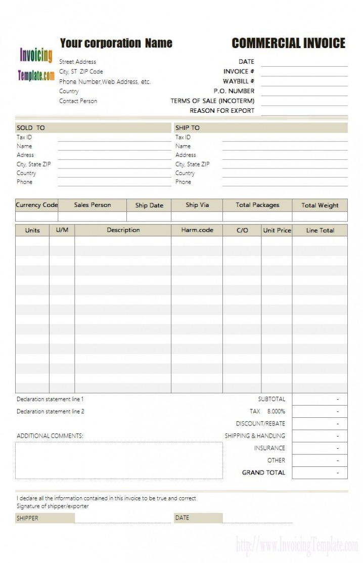 Printable Non Commercial Invoice Template Sample