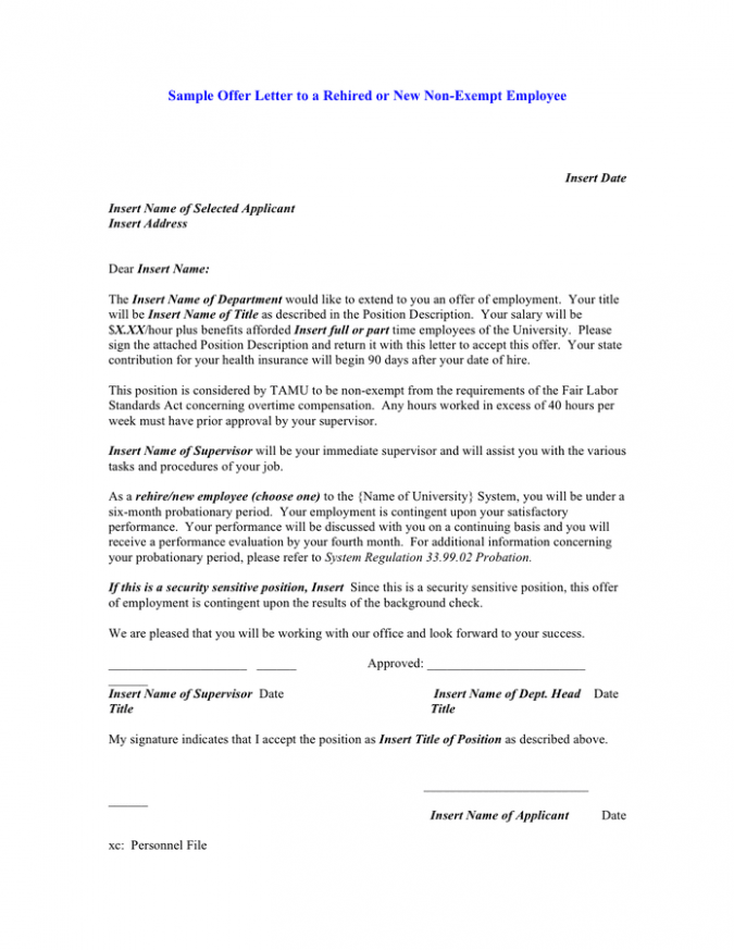 Printable Non Exempt Offer Letter Template Excel