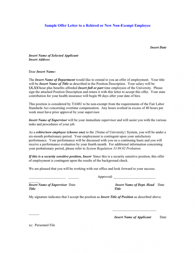 Non Exempt Offer Letter Template
