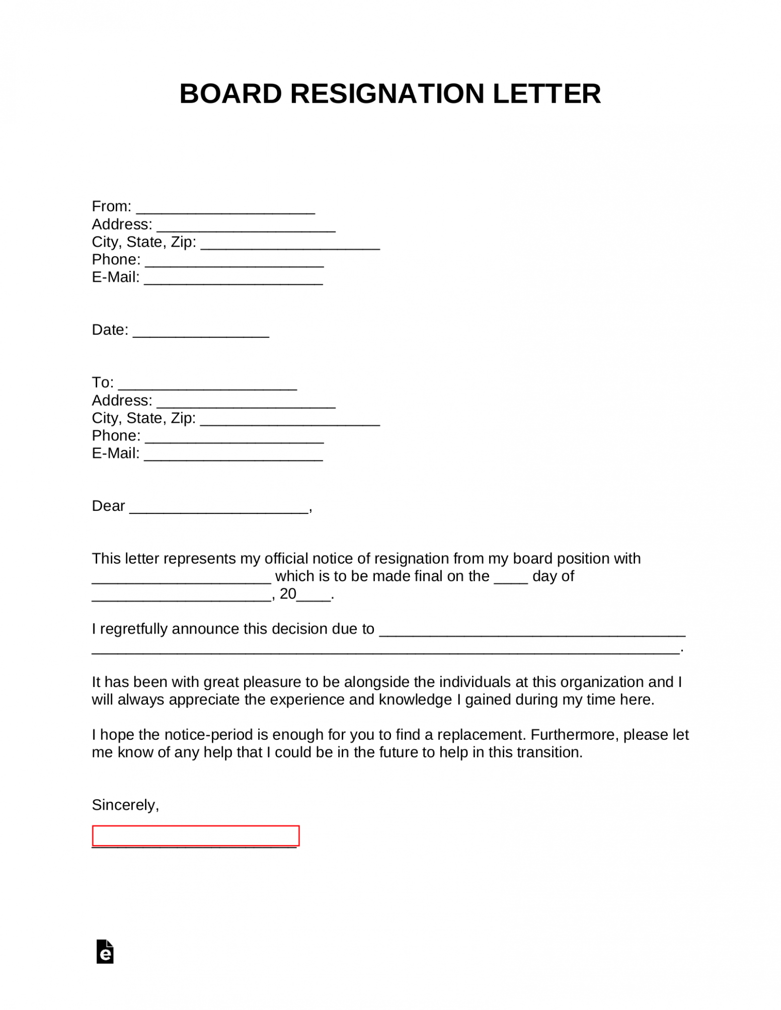 Printable Non Profit Board Resignation Letter PDF