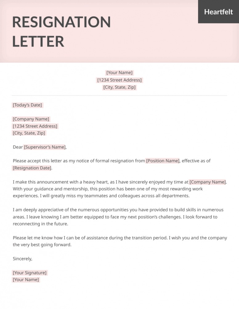 Printable Official Resignation Letter Template Sample