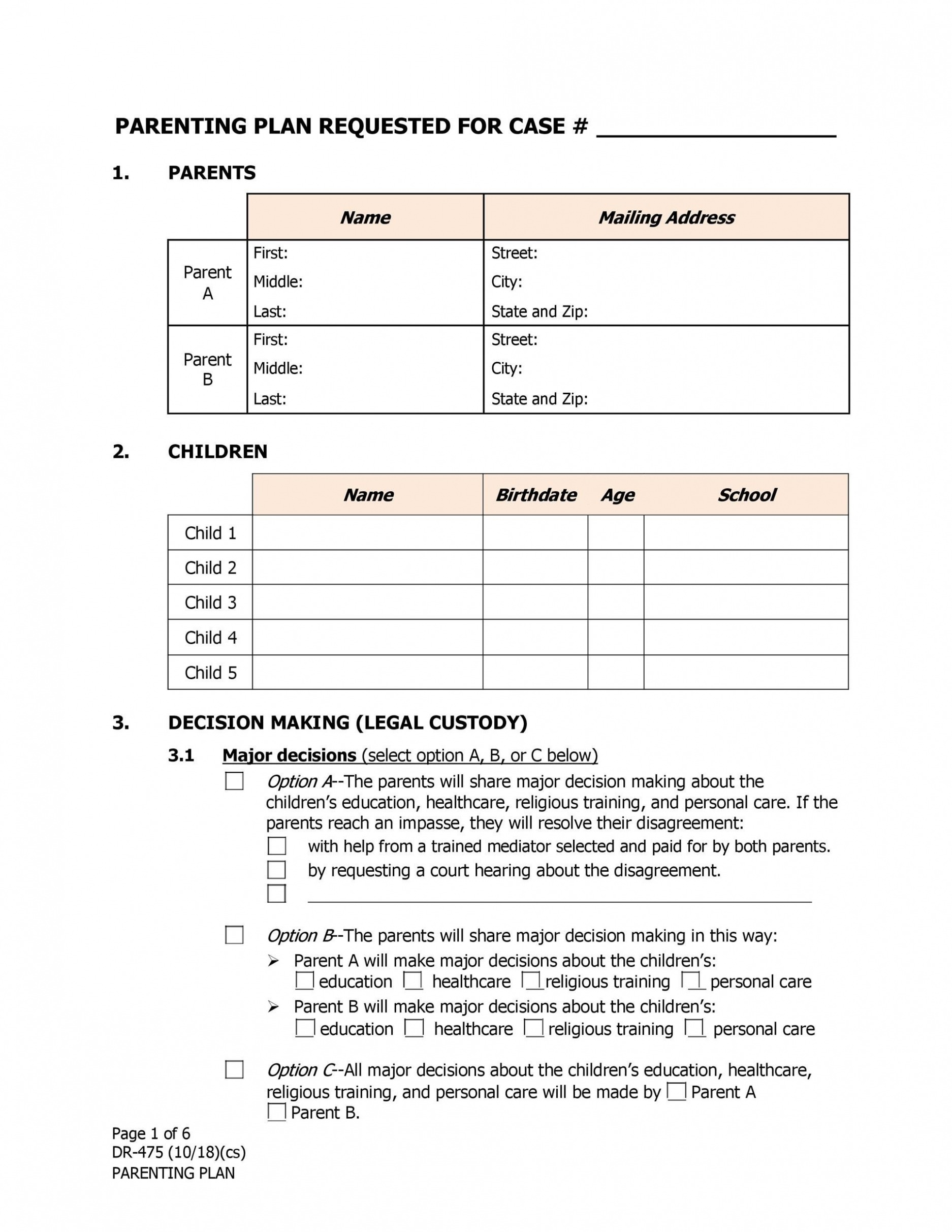 Editable Parenting Plan Schedule Template PDF
