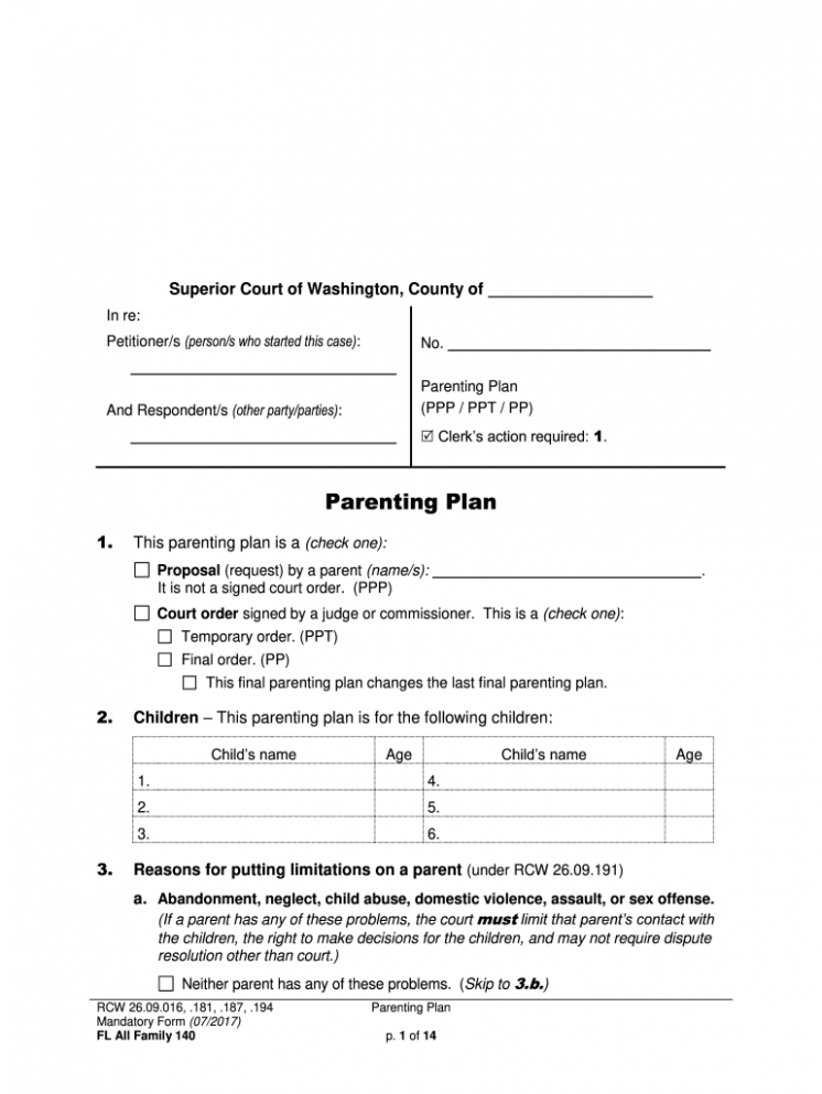  Parenting Plan Template Washington State Doc