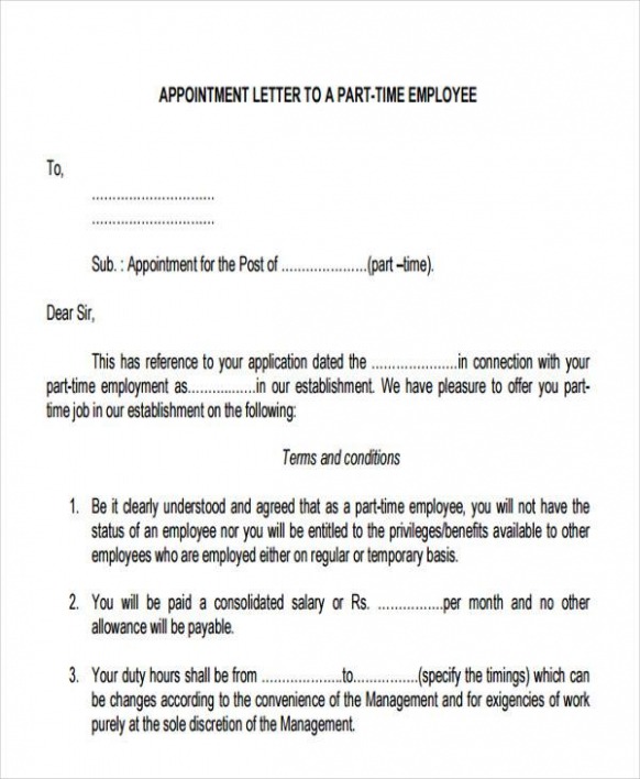 Editable Part Time Offer Letter Template Doc