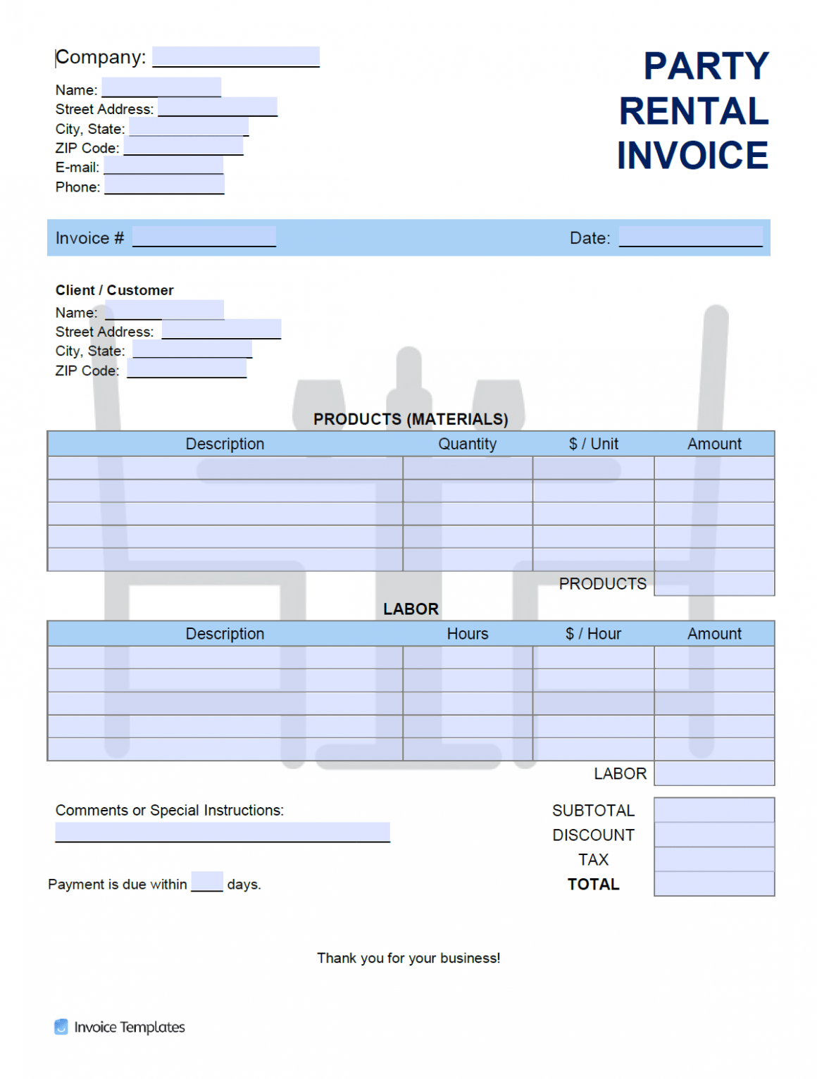 Editable Party Rental Invoice Template Excel