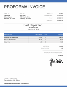 Printable Performance Invoice Template Sample