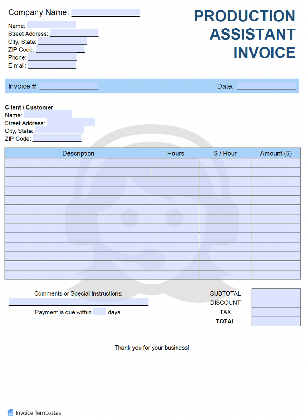 Editable Production Assistant Invoice Template 