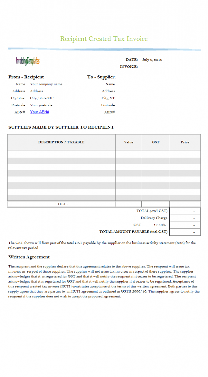 Editable Recipient Created Tax Invoice Template PDF