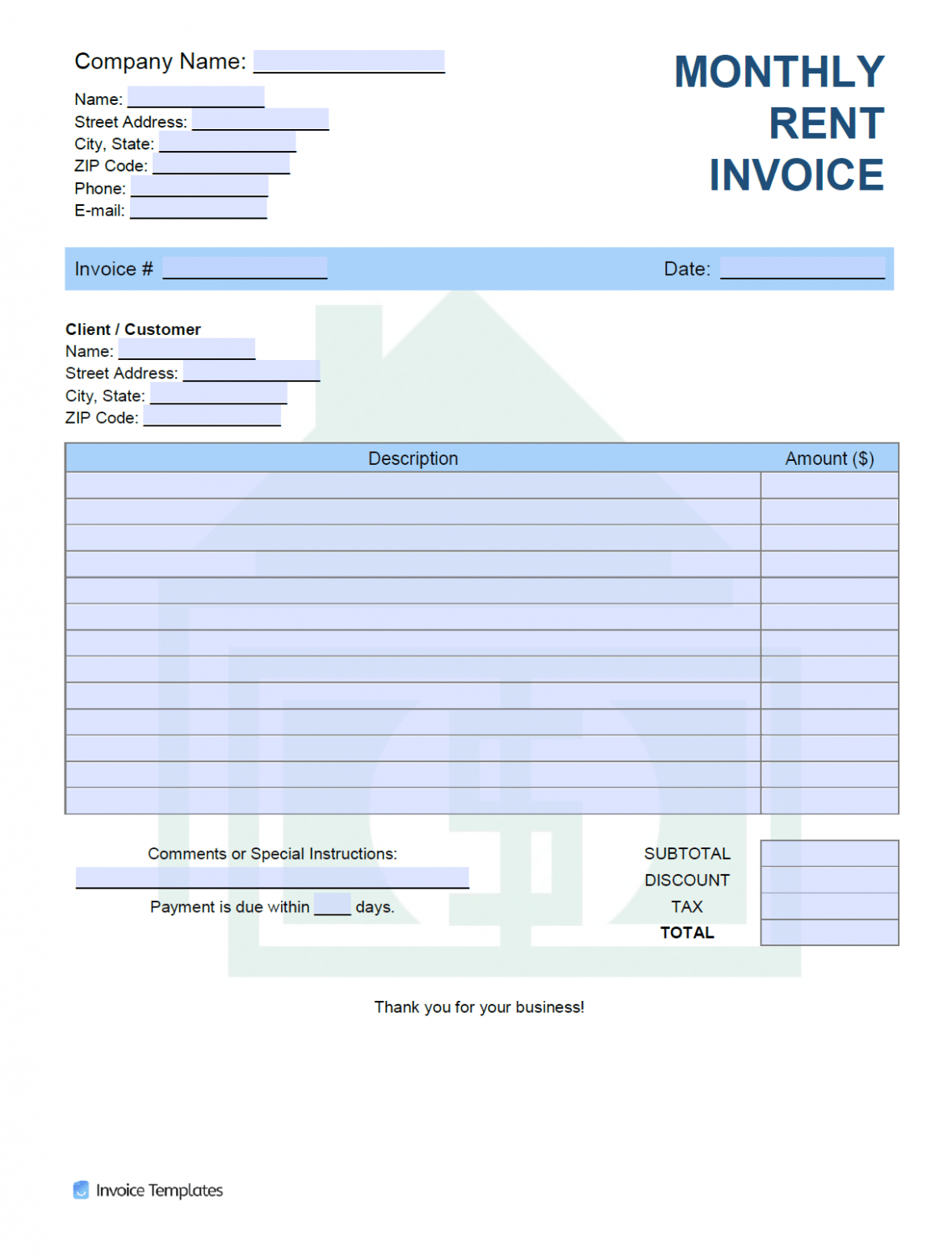 Printable Rent Payment Invoice Template Word