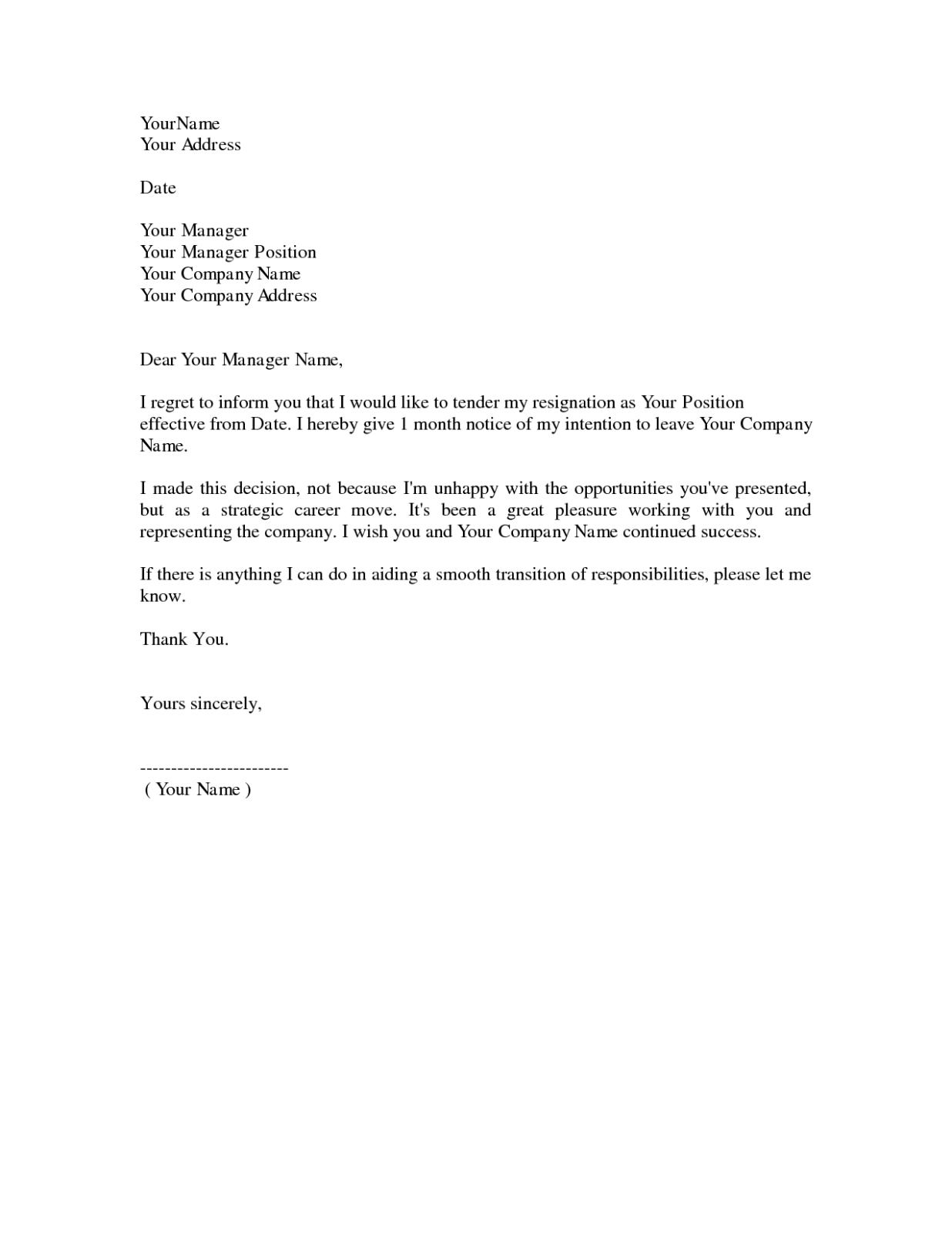  Resignation Letter For Personal Reason With One Month Notice Sample