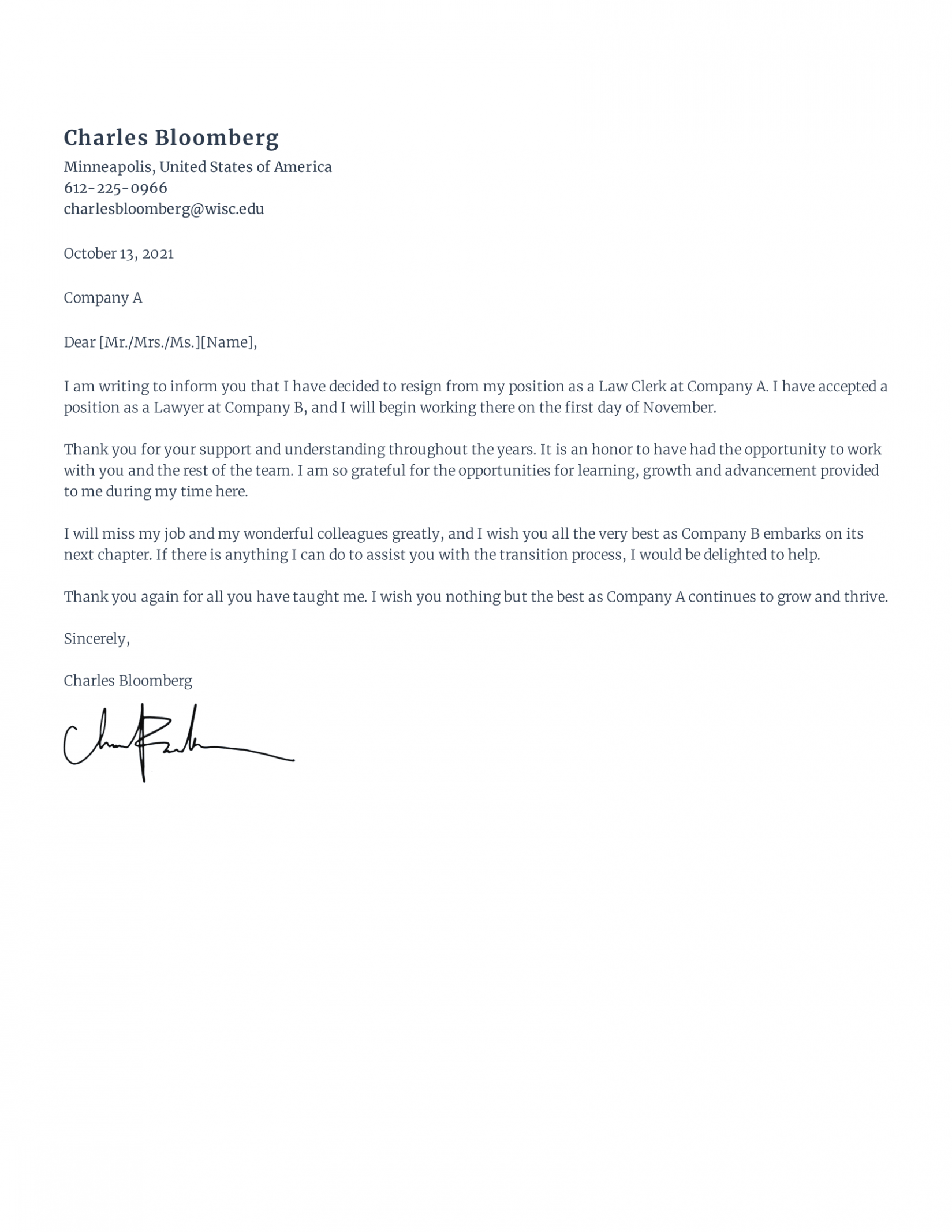Editable Resignation Letter Required By Law Word
